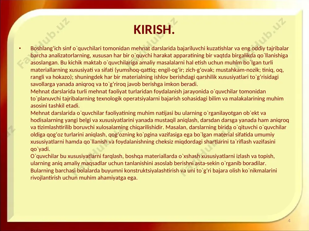 chilari mehnat darslaridagi tikish ishlarini bajarishda turli sifat xususiyatlariga ega bo`lgan gazlamalar bilan ishlaydilar. bu xususiyatlarni farqlashni ular asta-sekin, kerakli bilimlarni to`plab borib o`rganadilar. masalan, o`quvchilar o`zlari ishlatadigan gazlamalarning o`ng va teskari tomonlarini aniqlash uchun zarur ma`lumotlarni darrov o`zlashtira olmaydilar. o`qituvchi boshida gazlamaning qaysi tomoni o`ng yuza ekanligini ko`rsatib beradi. ba`zi hollarda buni aniqlash oson, masalan, bosma rasmli yoki patli (chit, flanel) gazlamalar bilan ishlashda. iii sinfga kelib o`quvchilarda mehnat darslari va sinfdan tashqari ishlarda keng ishlatiluvchi gazlamalarning o`ng va teskari yuzalarini mustaqil aniqlashni o`rganish va tizimlashtirish uchun etarlicha bilim va amaliy tajriba to`planadi. bu maqsadda o`quvchilar gazlamalarning o`ng va teskari yuzalarini aniqlashning ratsional tartib va usullarini o`zlashtirishlari uchun avval ba`zi gazlama namunalarini ko`rsatish foydali. keyin esa gazlamaning o`ng va teskarisini aniqlash maqsadida namunalarni o`rganish bo`yicha ish amalga oshiriladi. o`quvchilar o`qituvchi topshirig’i bilan va uning rahbarligi ostida tolalar turi, vazifasi va pardozi bo`yicha farq qiluvchi gazlama parchalarini tanlaydilar. gazlamalarni o`rganish …
