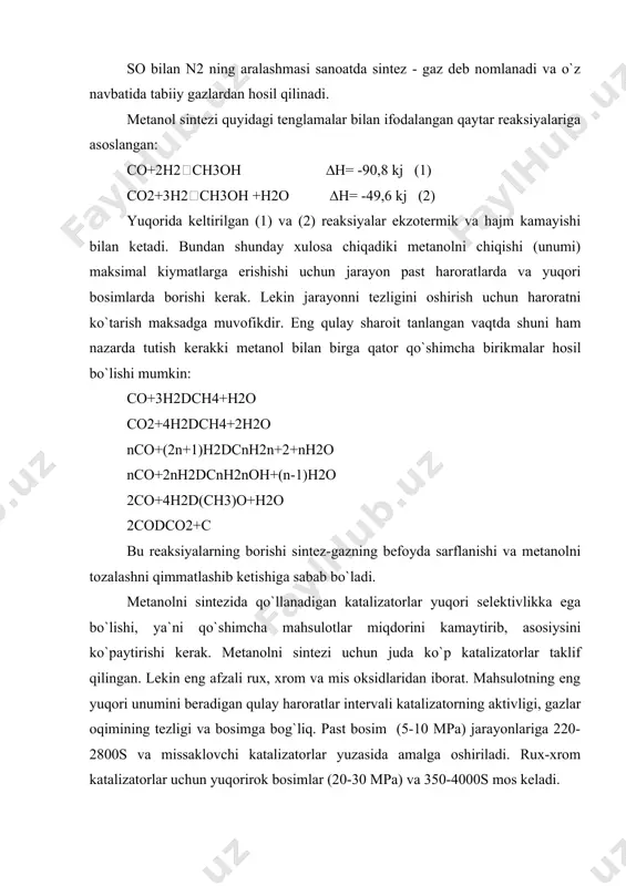 nol sintezining texnologiyasi avvalroq ko`rib chiqkan ammiakni ishlab chiqarishiga ko`p jihatdan o`hshash. asosiy qurilma-sintez minorasida katalizator qutisi, elektr isitkich va issiqlik almashtirgich joylashgan bo`lib muayyan haroratni ushlab turishga yordam beradi. bunday apparadan sintez-gaz juda katta tezlik bilan o`tkazilib, atiga 4% i metanolga aylanadi, kolgan qismi esa ajratilib yangi sintez-gaz bilan ko`shilib takroran shu qurilmaga kiritiladi. siqilgan sintez-gaz 1- va 2- filtrlardan o`tib aylanma gazlar bilan aralashadi. aralashma sintez minorasiga kiradi va u erda yuqorida qayd qilingan reaksiyalar ketadi. minoradan chiqkan yuqori haroratli gaz aralashmasi kondensator-sovutkich (4)ga kirib 30-350s gacha soviydi va metanol kondensatlanadi. u separator (5) da reaksiyaga kirishmagan gazlardan ajraladi va 7 yig`gichda tushadi. reaksiyaga kirishmagan gazlarni bosimi biroz pasayib qolgani uchun (chunki ularning bir qismi metanolni hosil qilish uchun sarflanib ketadi) turbosirkulyasiyali kompressor (6) yordamida avvalgi bosimgacha siqiladi va sintezga qaytariladi. puflovchi gazlar kompressor oldidan chiqariladi va yoqilg`i sifatida ishlatiladi. olingan xom-ashyoga nisbatan umumiy unum 95% ni tashkil …