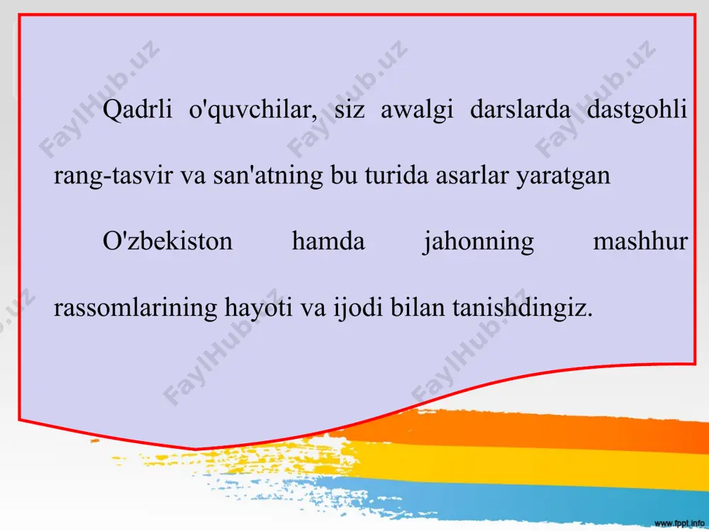 22-amaliy mashg'ulot adabiy asar sujeti asosida kompozitsiya ishlash o'zingiz o'qigan adabiy asar mavzusini tanlang. adabiy asardagi voqealar, harakatlar, lavhalami ifoda etuvchi xomaki eskiz variantlarini chizing. xomaki eskiz variantlarini chizish mashqi qancha ko'p bajarilsa, sujetli kompozitsiyani topishda yaxshi samara beradi. ishlagan eskiz variantlaringiz orasidan ma'qul bo'lganini tanlab, boyitib, umumlashtirib sujetli kartina kompozitsiyasmi tasvirlang. adabiy asar sujeti asosida mustaqil kompozitsiya ishlash sujet va sujetli kartina haqida olgan bilimlaringiz asosida 3-nazorat ishini bajaring. bunda quyidagi qoidalarga rioya qiling. o'zingiz bilgan adabiy asar, ertak, hikoya, dostonni tanlang. ertak yoki hikoyadagi voqealarni yaxshilab eslab, xotirangizda takrorlab oling. ertak yoki hikoyadagi voqea-harakatlarni, obrazlarni eslab, ko'z oldingizga keltiring. ertak yoki hikoyada obrazlar bilan bog'liq qanday mo'jizalar, voqealar, harakatlar ro'y berdi? mana shu voqealar, harakatlarni, obrazlarni xotiradan qog'ozga ko'chirib, eskiz variantlarini tasvirlang. eskiz variantlarini ishlashda tez bajariladigan xomaki chizgilardan foydalaning. eng yaxshi chiqqan eskizni boshqa eskizlar bilan bog'lab, umumlashtirib sujetli kartina kompozitsiyasini ishlang.