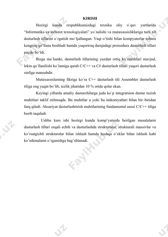 anishi mumkin: struct struturali_tip_nomi {elementlar_ta'riflari} misol uchun ombordagi mollarni tasvirlovchi strukturani quramiz. bu struktura qo’yidagi komponentalarga ega bo’lishi mumkin: - mol nomi (char*) - sotib olish narhi (long) - ustiga quyilgan narh, foizda (float) - mol soni (int) - mol kelib tushgan sana (char[9]) bu struktura dasturda qo’yidagicha ta'riflanadi: struct goods { char* name; long price; float percent; int vol; char date[9]; } year; konkret strukturalar va strukturaga ko’rsatkichlar bu tip yordamida qo’yidagicha ta'riflanishi mumkin: struct goods food, percon; struct goods *point_to; strukturalarni tasvirlashda ihtiyoriy murakkab tip uchun nom berishga imkon beruvchi typedef hizmatchi so’zidan foydalanish mumkin. bu holda strukturali tip qo’yidagi shaklda ta'riflanadi: typedef struct {elementlar_ta'riflari} strukturali_tip_nomi misol uchun: typedef struct { double real; double imag; } complex; bu misolda kompleks sonni tasvirlovchi strukturali tip complex kiritilgan bo’lib, kompleks son haqiqiy qismini tasvirlovchi real va mavhum qismini tasvirlovchi komponentalaridan iboratdir. konkret strukturalar bu holda qo’yidagicha tasvirlanadi: complex sigma, alfa; …