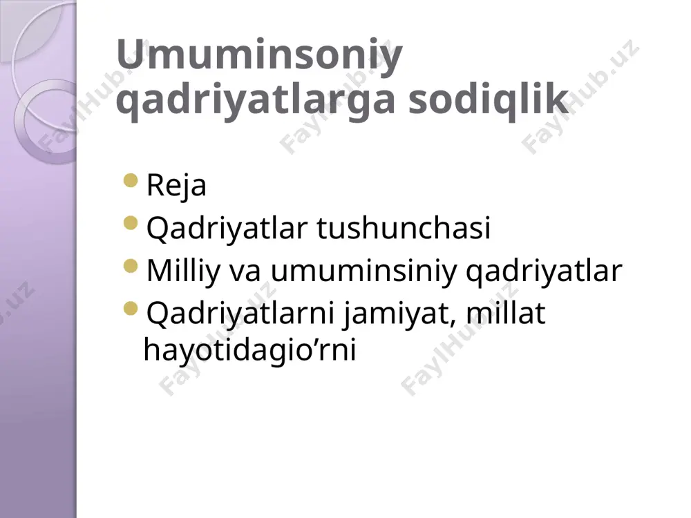 bo’lish mumkin. shuningdek, qadriyatlarni haqi-qatni, ezgulikni, go’-zallikni ulug’lovchi qadriyatlarga ajratiш mumkin. qadriyatlar jamiyat ijtimoiy - iqtisodiy, madaniy -ma‘naviy rataqqiyotining mahsulidir. shuning uchun ham qadriyatlarda zamonning ruhi, imkoniyatlari, o’sha zamonda yashagan odamlarning orzu - umidlari, isatklari, atlab va ehtiyojlari o’z ifodasini topadi. zamonlar o’tishi bilan qadriyatlarning mazmuni va ma‘nosi o’zgarib boradi. xuddi shuning uchun ham qadriyatlarning atrbiyaviy ahamiyatga baho berganda konkret atrixiy shart - sharoitlarni doimo nazarda tutmoq zarur. qadriyatlar insonning orzulari - istаklari, niyatlari -umidlari, bir so’z bilan aytganda ideal sifatida namoyon bo’ladi. xuddi shuning uchun ham buyuk nemis faylasuflari v.vindelüband, g.rikkert at‘kidlaganidek, qadriyatlar hech qachon ob‘ektga ham, sub‘ektga ham bog’liq bo’lmagan musatqil olamni vujudga kel-tiradi. bu olam makon va zamon qonunlaridan ustun turadi. shuningdek, inso-niyatning buyuk ma‘naviy xazinasi bo’lgan qadriyatlar hech qachon o’zgarmaydi, balki m.sheler, n.gartman aytganidek, insonning qadriyatlar haqidagi atsav-vurlari o’zgaradi. butun olam qadriyatlar bilan to’lib - toshgan bo’ladi va borliqqa hamisha yangi ma‘no ato eatdi. shuning uchun …