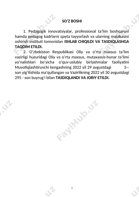 irlash, harakat xotirasi va moslashuvchanlik. 2.3. ta’limni davom ettirish imkoniyatlari. temir yo‘llardan texnik foydalanish va ta’mirlash kasbi bitiruvchisi keyinchalik kasbiy ta’limini chuqurlashtirish maqsadida: · kadrlar malakasini oshirish tizimida, tarmoq o‘quv muassasalarida va maxsus kurslarida malakani oshirishi; · kasbiy faoliyatning tegishli sohasida yanada yuqoriroq malakaga erish maqsadida oliy ta’lim muassasasida o‘qishni davom ettirishi mumkin. 2.4. o‘qishga qabul shartlari. o‘qishga qabul shartlari amaldagi qonunchilik asosida amalga oshiriladi. 3. bitiruvchilarning kasbiy faoliyati tavsifi 3.1. bitiruvchining kasbiy faoliyat sohasi: temir yo‘l transportida yo‘l xo‘jaligida qo‘llaniladigan asbob uskunalar va anjomlar bilan ishlashi hamda mashina va mexanizmlarga texnik xizmat ko‘rsatish va ta’mirlash ishlarini mehnat muhofazasi qoidalariga amal qilgan holda bajarish. 3.1. bitiruvchining kasbiy faoliyat ob’ektlari: 3.1.1. temir yo‘llarga xizmat ko‘rsatish va ta’mirlash bo‘yicha mexanik-texnigi kvalifikatsiyasi bo‘yicha: temir yo‘l masofasi akalodkalari; temir yo‘llarga texnik xizmat ko‘rsatish qurilmalari; temir yo‘lga texnik xizmat ko‘rsatish va ta’mirlashda ishlatiladigan asbob-uskunalar; o‘lchovchi asbob-uskunalar, kalitlar. texnik-me’yoriy hujjatlar. 3.2. 40711513 temir yo‘llardan texnik foydalanish …