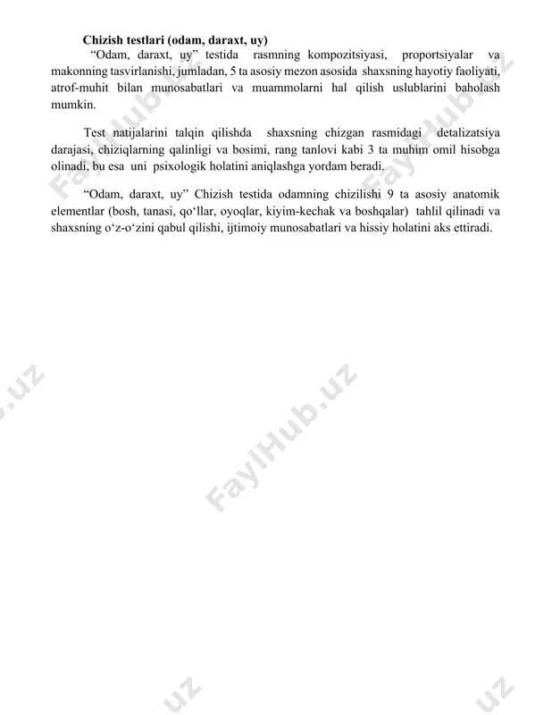 i, jumladan, 5 ta asosiy mezon asosida shaxsning hayotiy faoliyati, atrof-muhit bilan munosabatlari va muammolarni hal qilish uslublarini baholash mumkin. test natijalarini talqin qilishda shaxsning chizgan rasmidagi detalizatsiya darajasi, chiziqlarning qalinligi va bosimi, rang tanlovi kabi 3 ta muhim omil hisobga olinadi, bu esa uni psixologik holatini aniqlashga yordam beradi. “odam, daraxt, uy” chizish testida odamning chizilishi 9 ta asosiy anatomik elementlar (bosh, tanasi, qo‘llar, oyoqlar, kiyim-kechak va boshqalar) tahlil qilinadi va shaxsning o‘z-o‘zini qabul qilishi, ijtimoiy munosabatlari va hissiy holatini aks ettiradi. 📌xulosa shaxsiyat muammolarining xususiyatlari va holatlarini o'rganish uchun mo'ljallangan boshqa proektiv usullar turli individual farqlarni aniqlashda va shaxsiy muammolarni tashxis qilishda qo'shimcha ma'lumot beradi. 📚foydalanilgan adabiyotlar 1. shaxsiyat muammolari xususiyatlari va holatini o'rganish uchun mo'ljallangan boshqa proektiv usullar. (manba ko'rsatilishi kerak) 2. proektiv testlar: nazariya va amaliyot. (manba ko'rsatilishi kerak) 3. shaxsiyat psixologiyasi: proektiv texnikalar. (manba ko'rsatilishi kerak) 4