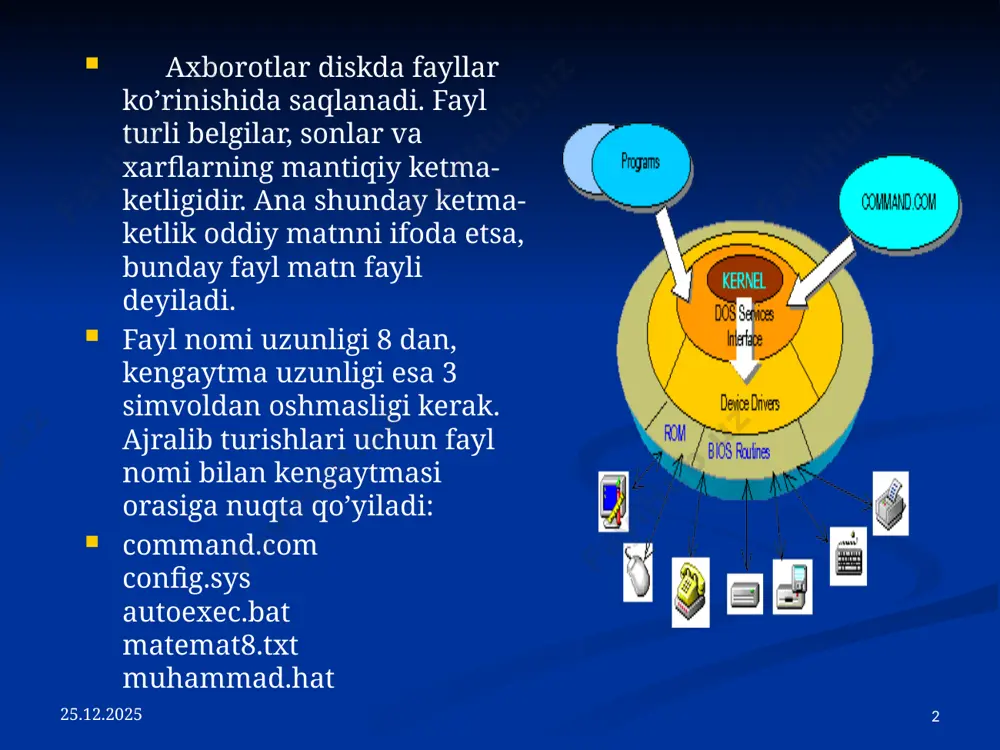 eratsion sistema bilan birgalikda tavsiya etiladigan aloxida-aloxida fayl ko’rinishidagi dasturlardir. mazkur dasturlarning xar biri foydalanuvchi uchun zarur bo’lgan dos ning qo’shimcha amallarini bajaradi. ms-dos ni yuklash algoritmi 1 ) ehm elektr tarmog’iga ulanishi bilan bios kompyuter xotirasi va qurilmalarining ishga yaroqli yoki yaroqsiz ekanligini maxsus test yordamida tekshirib chiqadi. qurilmalarda biror buzuqlik mavjud bo’lib, ana shu buzuqlikni chetlab o’tish mumkin bo’lsagina, dosni yuklash davom ettiriladi yoki shu buzuqlikka oid xabar ekranga chiqariladi. 2) mazkur test muvaffaqiyatli yakunlashish bilan bios "a:" nomli disk yurituvida egiluvchan magnitli disk bor yoki yo’kligini tekshiradi. agar disk mavjud bo’lsa, dos egiluvchan magnitli diskdan, aksincha esa, qattiq magnitli disk ("vinchester")dan yuklanadi. 10.04.2017 6 3) bios boshqaruvni dos ni yuklovchi ipl ga uzatadi va ipl o’z navbatida ehm ni sozlab tezkor xotiraga io.sys va msdos.sys disk foyllarni yuklaydi. 4) boshkaruv command.com buyruk protsessoriga beriladi. dos yuklanib bo’lgach, dos olingan exd yoki kmd da fayllarning foydalanuvchining o’zi avvaldan …