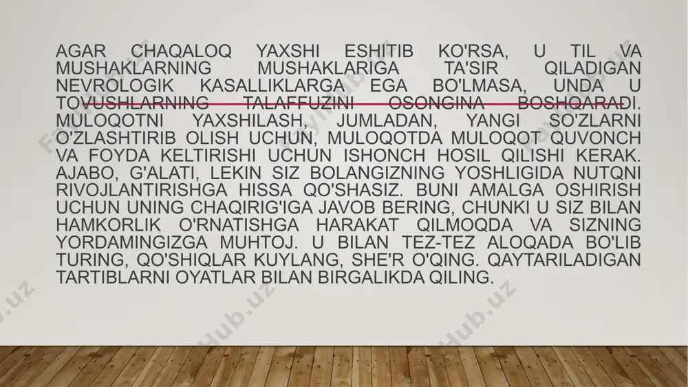 orat qila olmaydilar. ba'zan bu tilning nopokligidan kelib chiqishi mumkin. agar bola odatdagidek rivojlansa, u baxtli bo'lsa va uning hayotida hamma narsa yaxshi bo'lsa, nutqni rivojlantirishda kichik xatti-harakatlar muammo emas. bunday hollarda, ba'zan chaqaloqni do'stona ohangda tuzatish kerak bo'ladi. lekin hech qanday holatda uning talaffuzini juda jiddiy davolash va uni ayblash kerak emas. bunday o'yinlar "so'zlar zanjiri" bo'lishi mumkin - har qanday so'zni ayting va bu so'z tugagan maktubda bolangiz kelishi kerak. masalan: olma - kiyik - ip - turkiy va boshqalar. bolalar so'zma-so'z antonimlarini kengaytirish uchun "qaytishni ayting" o'yini taklif qiling. o'yinning mohiyati shundaki, bola to'g'ri so'zni topishi mumkin. misol uchun: shirin achchiq dori ... kunduzi, kechasi esa ... qish oylarida sovuq va yozda issiq ... va hokazo. siz har doim o'zingizni yanada murakkablashtiradigan va shu bilan bolangizning aqliy qobiliyatlarini rivojlantiradigan cheksiz sonli nutq mashqlari bilan tanishishingiz mumkin. nutq buzilishlarini tahlil qilish tamoyillari (rivojlanish, tizimli yondashuv, nutqning bolaning aqliy …