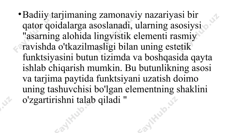 eradi, bu hamkorlik yoki ziddiyatni ko'rsatadi. hamkorlik bo'lishi uchun tarjimon "muallifning estetikasini, uning tafakkuri va ifoda uslubini chuqur o'rganibgina qolmay, ularga ko'nikib, ularni bir muncha vaqt o'zlashtirishi kerak. to'liq tarjima muallifning butun asarini va tarjima qilingan asarning yaratilishining barcha sharoitlarini chuqur bilishni talab qiladi’’ yozuvchining idiostilini etkazishning qiyinchiliklari badiiy matnni tarjima qilishning stilistik muammolari bilan bevosita bog'liq. badiiy matn tarjimasi birinchi navbatda talqin bo'lgani uchun, ob'ektiv va sub'ektiv uslubiy siljishlar muqarrar. a. popovich asl nusxadagi stilistik o'zgarishlarning quyidagi turlarini aniqlaydi: uslubiy moslik, uslubiy almashtirish, uslubiy almashtirish yoki inversiya, uslubiy mustahkamlash, uslubiy tipifikatsiya, stilistik individuallashtirish, stilistik zaiflashish, uslubiy tekislash va uslubiy yo'qotish uslubiy xarakterdagi siljishlar ma'lum tendentsiyalarni ifodalaydi, bunda tarjimon o'zini ijodiy shaxs sifatida namoyon qiladi va umuman olganda, tarjimonning ijodiy individualligini aks ettiradi, bu "asl matndan chetga chiqish tizimi bo'lib, u muayyan ijodiy tamoyillarga borib taqaladi. a.s.nazin ta'kidlaganidek "tarjima matni o'ziga xos belgilarni o'z ichiga oladi, buning asosida matnni tarjima …