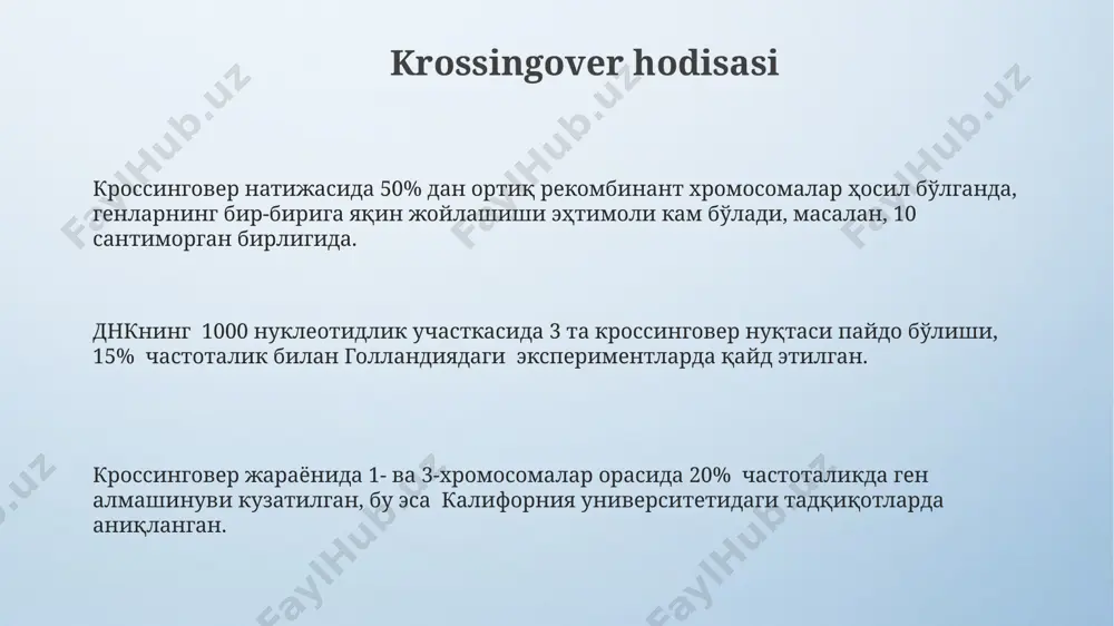 ning drosophila melanogaster (meva pashshasi) ustida olib borgan tadqiqotlari bog'langan genlarning mavjudligini va ularning xromosomalar ustida joylashishini isbotladi. jinsiy xromosomalar va bog'langan genlar jinsiy xromosomalarga bogʻlangan genlarning meros boʻlish namunalari insonlar, sichqonlar va boshqa koʻplab organizmlarda oʻrganilgan boʻlib, genetika sohasida muhim rol oʻynaydi va masalan, gemofiliya genini o'rganishda juda muhimdir. jinsiy xromosomalar, masalan, x va y xromosomalarida joylashgan genlar, jinsiy belgilarni aniqlaydi va ularning meros boʻlib oʻtishi koʻpincha jinsiy bogʻlangan deb ataladi; masalan, qizil-koʻrlik geni x xromosomasida joylashgan boʻlib, 1:1000 chastota bilan uchraydi. x va y xromosomalaridagi genlarning rekombinatsiyasi kam uchraydi, chunki ularning homologiyasi past va meyoz davrida crossing-over jarayoni kam sodir boʻladi; bu 1910-yilda morgan tomonidan drozofila muskalarida aniqlangan. genlarning joylashuvi xromosomalar ustida 1900-yillarning boshlarida sutton va boveri tomonidan o‘tkazilgan tajribalar genetik materiallarning xromosomalar ustida joylashganligini isbotladi, bu esa mendeldan keyin genetika rivojlanishiga katta hissa qo‘shdi. drosofila (meva pashshasi) kabi modellar organizmlarda olib borilgan tadqiqotlar genetik xaritalarni tuzish va …