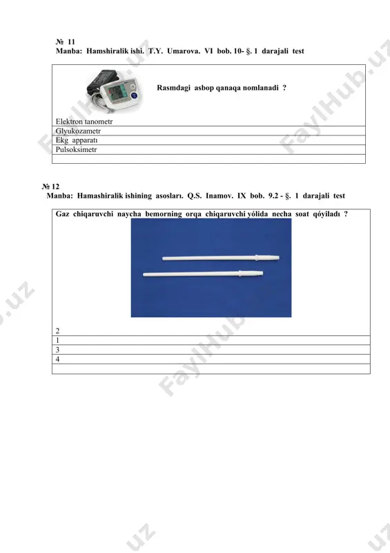 2 3 4 5 № 27 manba: hamshiralik ishining asosları. q.s. inamov. ii bob. 2.1-§ 1 darajali test necha xil darajadagi profilaktika bor ? 3 4 5 6 № 28 manba: jamoada hamshiralik ishi. h. i. shukurov. s.q. qanoatov. n.a nurmatova. ix bob. 9.4- §. 2 darajali test degazatsiya bu – ximik moddalarni zararsizlantirish radioaktiv moddalarni yóqotish boǵin oyoqlilarni chóchitadigan moddalar infekcion kaslliklarni qózituvchilariga qarshi kurash usuli № 29 derek: jamoada hamshiralik ishi. h. i. shukurov. s.q. qanoatov. n.a nurmatova. ix bob. 9.4- §. 2 darajali test reppelentlar deganimiz nima ? boǵin oyoqlilarni chóchitadigan moddalar ximik moddalarni zararsizlantirish radioaktiv moddalarni yóqotish infekcion kaslliklarni qózituvchilariga qarshi kurash usuli № 30 derek: hamshiralik ishi. t.y. umarova. i.a. qayumova. m.q. imrohimova. vii bob. 4 - §. 2 darajali test zararsizlantirishdan oldingi tozalashda asboplardagı qon qoldiǵi qanday usilda aniqlanadı ? iskandarov usulı ambyurdje sınaması usulı mantu usulı qaynatish usulı № 31 derek: hamshiralik ishi …