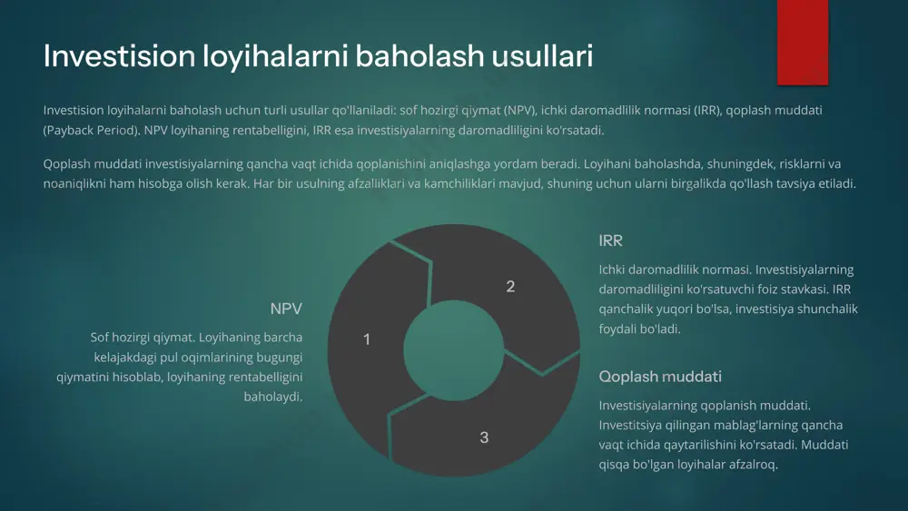 davlat subsidiyalari bo'lishi mumkin. o'z mablag'lari korxona uchun eng arzon va qulay manba hisoblanadi, chunki foiz to'lovlari yo'q, lekin ular har doim ham yetarli bo'lmasligi mumkin, ayniqsa yirik investision loyihalar uchun. kreditlar va obligatsiyalar korxonaga katta miqdordagi mablag'larni jalb qilish imkonini beradi, lekin ular foiz to'lovlarini talab qiladi va korxonaning qarz yukini oshirishi mumkin. obligatsiyalar, odatda, kreditlarga nisbatan uzoqroq muddatga beriladi. aktsiyalar korxonaning ustav kapitalini oshirish imkonini beradi va qarz yukini oshirmaydi, lekin bu aktsiyadorlar o'rtasida foydani taqsimlashni anglatadi va korxona egalarining nazoratini susaytirishi mumkin. davlat subsidiyalari esa, odatda, muayyan shartlar asosida beriladi va ularni olish uchun raqobat yuqori bo'lishi mumkin. o'z mablag'lari korxonaning foydasi va amortizatsiya ajratmalari hisobidan moliyalashtirish. kreditlar banklar va boshqa moliyaviy institutlardan olingan qarz mablag'lari. obligatsiyalar korxona tomonidan chiqarilgan qimmatli qog'ozlar orqali moliyalashtirish. aktsiyalar korxonaning ustav kapitaliga aktsiyalarni sotish orqali investitsiyalarni jalb qilish. 5 korxonalarning investision strategiyalari korxonalarning investision strategiyalari ularning maqsadlariga, resurslariga va risklarga bo'lgan …