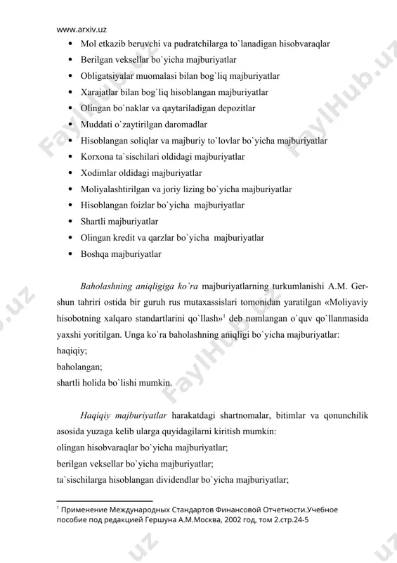 rima to`lash bo`yicha qaror chikishi mumkin. lekin moliyaviy hisobot tuzish sanasiga, jarima summasi ham va sud qarori ham mavjud bo`lmasligi mumkin. yaьni jarayon yakunida majburiyat yuzaga kelishi ham, kelmas-ligi ham mumkin. joriy majburiyatlarni hisobga olish tartibi. mol etkazib beruvchi va pudratchilarga joriy davrda to`lanadigan hisob-varaqlar hisobi. тo`lanadigan hisobvaraqlar deb, mol etkazib beruvchilardan nasiyaga tovar va materiallarni sotib olish hamda xizmatlardan foydalanish natijasida yuzaga keladigan majburiyatlarga aytiladi. bunday majburiyatlar aktivlarni sotib olish yoki xizmatdan foydalanish vaqti bilan, ular uchun haq to`lash vaqtini farq qilishi natijasida paydo bo`ladi. 1-misol. korxona hisobot yilining 15 martida 30 kundan keyin haqini to`lab berish sharti bilan mol etkazib beruvchidan 200000 so`mlik xom ashyo sotib oldi. bu xo`jalik muomalasi bo`yicha majburiyatning tan olinishi korxonaning buxgalteriya hisobida quyidagi yozuvlar bilan rasmiylashtiriladi. dt «хom ashyo» 200000 kt «mol etkazib beruvchilarga to`lanadigan hisobvaraqlar» 200000 qisqa muddatli to`lanadigan veksellar hisobi korxonalar nasiyaga olgan aktivlari yoki foydalanilgan xizmatlari uchun o`z vaqtida haq …