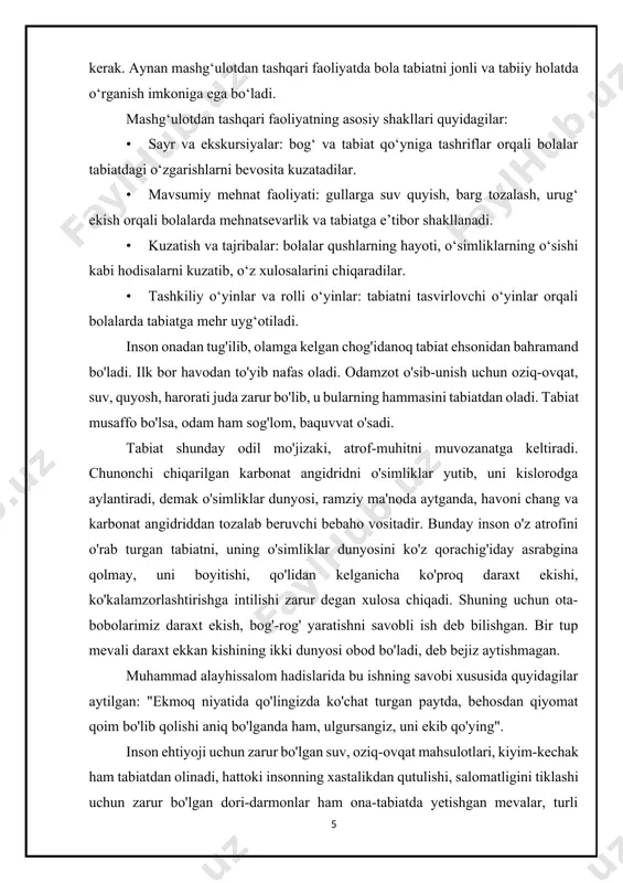anicha ko'proq daraxt ekishi, ko'kalamzorlashtirishga intilishi zarur degan xulosa chiqadi. shuning uchun ota- bobolarimiz daraxt ekish, bog'-rog' yaratishni savobli ish deb bilishgan. bir tup mevali daraxt ekkan kishining ikki dunyosi obod bo'ladi, deb bejiz aytishmagan. muhammad alayhissalom hadislarida bu ishning savobi xususida quyidagilar aytilgan: "ekmoq niyatida qo'lingizda ko'chat turgan paytda, behosdan qiyomat qoim bo'lib qolishi aniq bo'lganda ham, ulgursangiz, uni ekib qo'ying". inson ehtiyoji uchun zarur bo'lgan suv, oziq-ovqat mahsulotlari, kiyim-kechak ham tabiatdan olinadi, hattoki insonning xastalikdan qutulishi, salomatligini tiklashi uchun zarur bo'lgan dori-darmonlar ham ona-tabiatda yetishgan mevalar, turli giyohlar va ziravorlardan tayyorlanadi. inson tanasida birorta ortiqcha a'zo bo'lmaganday, tabiatda ham ortiqcha yaratilgan birorta narsa yo'q. ularning hammasi hayot uchun zarur. mashg'ulotlar bolalarga ta'lim va tarbiya berishning asosiy vositasi hisoblanadi. dasturda belgilangan bilim va malakalarni tarbiyachi ta'lim tamoyillari asosida bolalar o'zlashtira oladigan qilib tashkil etadi. kundalik hayotda kuzatish, o'yin, mehnat vaqtida bolalarning shaxsiy bilimlari yig'ilib boradi. mashg'ulotlar ularni aniqlash va …