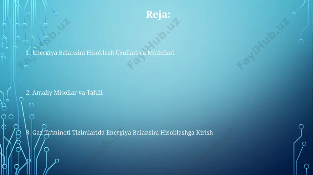 tiladigan empirik tenglamalar orqali aniqlanadi. xavfsizlik va ekologik jihatlar юқори босимли газ қувурларидаги авариялар 1000 км² майдонгача таъсир этиши ва 500 дан ортиқ одамнинг ҳаётига хавф солиши мумкин, шунинг учун хавфсизлик чораларини кучайтириш зарур. газ қувурларининг коррозияси йилига 10% гача энергия йўқотишларига ва 20 млн. доллардан ортиқ иқтисодий зарарларга олиб келиши мумкин, демак, мунтазам техник кўриклар муҳим аҳамиятга эга. газ таъминоти тизимларидаги 0,1% дан ортиқ метан чиқиндилари атмосферага парник газларининг ортишига ва глобал исишга ҳисса қўшиши мумкин, шунинг учун чиқиндиларни камайтиришга алоҳида эътибор бериш керак. regulyatorlar va boshqa jihozlarning energiya sarfini hisoblash компрессор станцияларидаги газ турбина агрегатларининг 80-90% самарадорлигини ва 10-20% механик йўқотишларини аниқ белгилаш, энергия балансини аниқлаш учун муҳимдир. регуляторларнинг 5-10% га яқин ўз-ўзидан иссиқлик чиқаришини ҳисобга олиш зарур, бу эса умумий энергия балансига таъсир кўрсатади ва йиллик энергия йўқотишларини 2-3% га ошириши мумкин. ҳисоб-китобларда диаметри 50-100 мм бўлган қувурлардаги иссиқлик йўқотишларини ҳисобга олиш зарур, бу йўқотишлар йиллик жами …