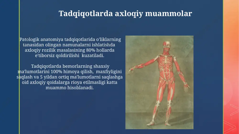 marhumning oilasi bilan maslahatlashish va ularning roziligini olish, 90% hollarda majburiy bo'lib, huquqiy va axloqiy jihatdan muhim ahamiyatga ega. patologik anatomiya materiallaridan foydalanishda bemorning shaxsiy ma'lumotlarini himoya qilish va maxfiyligini saqlash, gdpr qoidalariga muvofiq, 20 dan ortiq amaliyotlarda standart bo'lishi kerak. organlar va to'qimalarning donorni ishlatish donor organlarining taqsimlanishi adolatli va shaffof bo'lishi kerak, navbat tizimi va tibbiy zaruratga asoslanishi lozim; aks holda korruptsiya xavfi mavjud. o'lik donorlardan olingan organlar va to'qimalarning saqlanishi va transplantatsiyasi uchun aniq protokollar mavjud bo'lib, ularning buzilishi tibbiy xato va etika qoidalarini buzish hisoblanadi. ushbu jarayonlar 6-8 soat ichida bajarilishi kerak. diagnostika xatolarining axloqiy oqibatlari patologik anatomiya bo'yicha 20 dan ortiq tadqiqotlar shuni ko'rsatdiki, xatoliklarning 80% inson omili bilan bog'liq bo'lib, bu axloqiy jihatdan muhim e'tiborga loyiqdir. diagnostika xatosi tufayli 100 dan ortiq bemor noto'g'ri davolanishi va 30% hollarda salbiy oqibatlarga olib kelishi mumkin, bu shifokorlarning axloqiy mas'uliyatini oshiradi. patologlarning professional mas'uliyati patologlar bemorlarning shaxsiy …