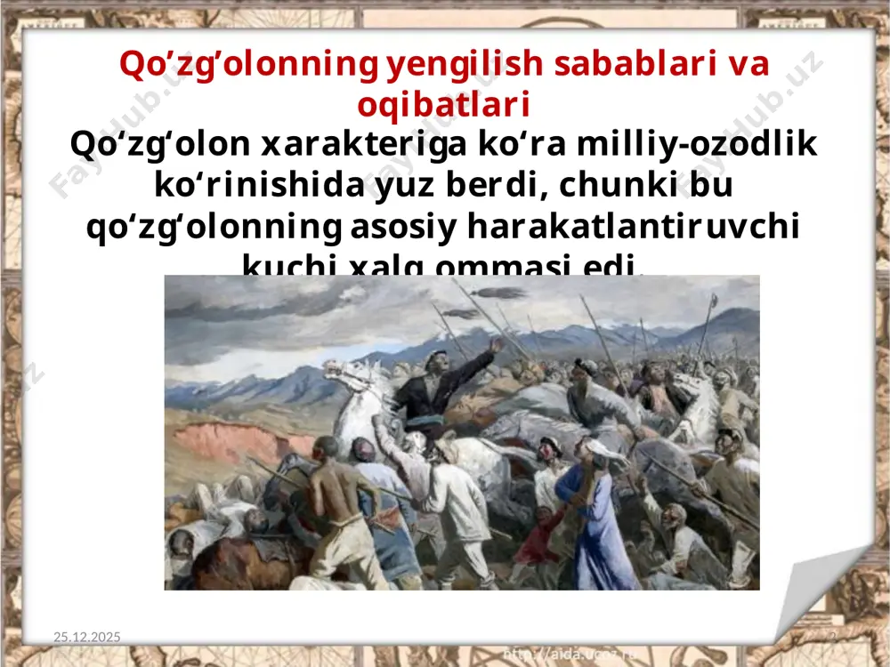 ijada bu davrda oziq-ovqat taqchilligi, narx-navoning ko‘tarilishi tirikchilik qilishning qiyinlashishiga olib keldi. 26.08.2020 8 shuning uchun ham mardikorlikka qarshi olib borilgan 1916-yildagi qo‘zg‘olonlar mahalliy aholining mustamlakachilarning jabr-zulmlarga asoslangan siyosati va urush oqibatlarining salbiy ta’siri natijasida sodir bo‘ldi. qo’zg’olonning ahamiyati 1916 yildagi qo’zg’olonlar podsho hukumati tomonidan ayovsiz ravishda bostirildi. qo’zg’olonchilar mustamlakachi hukumatning politsiya va harbiy kuchlariga qarshi mardonovor kurashdilar 26.08.2020 9 turkiston aholisining bosqinchilarga qarshi milliy-ozodlik xarakteridagi harakati hisoblanadi. qolaversa, bu qo‘zg‘olonda o‘lka keng xalq ommasining barcha tabaqalari, jumladan, qariyalar va ayollar ham ishtirok etdi. 26.08.2020 10 1916-yilgi qo‘zg‘olonlar mustamlakachi hukumatni qattiq sarosimaga soldi. bu qo‘zg‘olon turkiston xalqlarining o‘z huquqlarini poymol qilishlariga yo‘l qo‘ymasligini ko‘rsatdi. 26.08.2020 11 bu qo‘zg‘olon mustamlakachi hukumatga yana bir bor mahalliy aholining ozodlik va mustaqillik uchun kurash tuyg‘ulari hali so‘nmaganligini ko‘rsatdi. 26.08.2020 12 xullas, 1916-yilgi qo‘zg‘olon butun mustamlakachilik davomida turkistondagi eng qudratli va uyushgan qo‘zg‘olon edi. 26.08.2020 13 jizzax qo‘zg‘oloni tarixda «jizzax fojiasi» degan nom qoldirdi. 26.08.2020 …