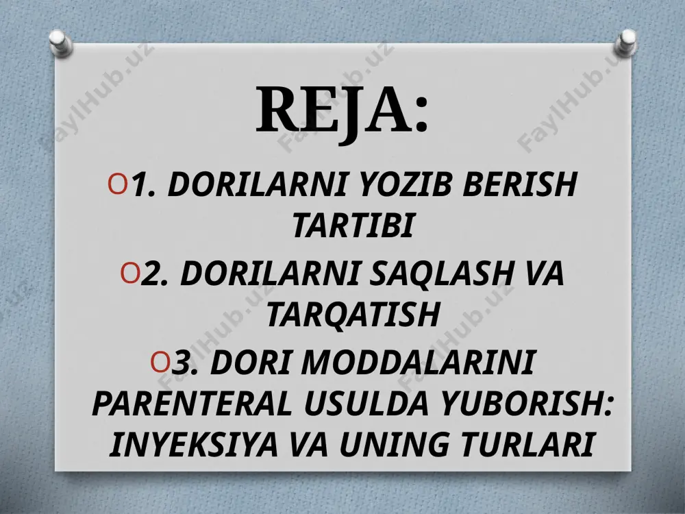aqlanish muddatiga,nomiga , dozasiga etibor bering . nosteril pinset yordamida flakon qo`pqog`ining markazida joylashgan metall qo`p`o`chani oching spirt bilan ho`llangan sharcha yordamida pezina tiqinning ochilgan qismi artiladi. yo`g`on igna kiydirilgan shprisga baravar hajmdagi havo tortiladi. rezina tiqinni teshib igna biroz ichkariga kiritiladi va flakonga havo yuboriladi. flakon tubi yuqoriga ko`tarilib dori eritmasi tortib olinadi. flakondagi 1 doza eritma bo`lsa, igna chiqarib olinadi, bir necha doza bo`lsa eritmaning keyingi porsiyalarini olish uchun igna flakonda qoldiriladi. teri orasiga qilinadigan inyeksiyalar inyeksiyalar teri orasiga tashxis maqsadida qilinadi. masalan, mantu sinamasi (silni aniqlash uchun), byurne sinamasi (brutsellozni aniqlash uchun), kasoni sinamasi (exinokokkni aniqlash uchun), mak klyur-oldrich sinamasi (yashirin shishlarni aniqlash uchun) yuboriladigan suyuqlik 0,1-1 ml. 40-45°c da. bo’rtmacha 0,5-1 soatda so’rilib ketadi. mantu, byurne, kasoni sinamasi 24-8 soatda bilinadi. kerakli jihozlar teri ostiga inyeksiya qilish algoritmi izoh biks. salfetka. korsang. pinset. shpris igna. lotok. paxta. spirt. dori moddasi. 11.sovun. asoratlari: 1.infltrat. 2.abtsess. 3.dori emboliyasi. …
