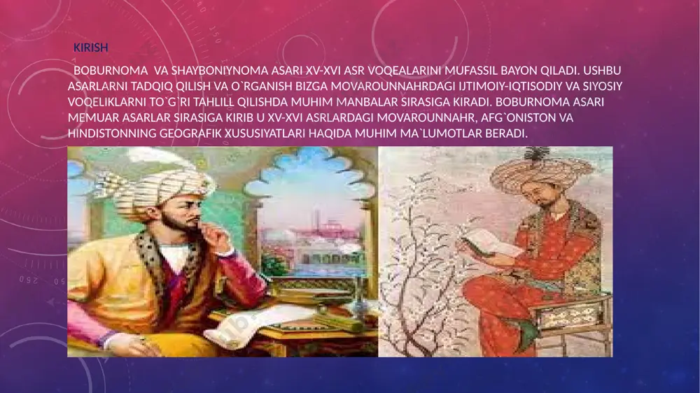 ir, tugʻchi, miroxur, rikobdor, dorugʻa, murchil, manjaniq, oʻron va boshqalar) ham uchraydi. 6 shuningdek, "b."da temuriylar qoʻshinining tuzilishi, harbiy sanʼati va boshqa haqida ham noyob maʼlumotlar bor. bundan tashqari, movarounnahr, afgʻoniston, xuroson va hindiston oʻtmishi va zamonaviy holati, xalqlari, qabilalari, ularning tili, madaniyati, kasbhunari, urfodatlari, rasmrusumlari, anʼanaviy tadbirmarosimlari, shuningdek oʻsha davr jamiyatiga xos ijtimoiy tabaqalarga tegishli maʼlumotlar bayon etiladi. ayniqsa fargʻona, andijon, samarqand, kobul, hirot, agra kabi yirik shaharviloyatlarning jugʻrofiymaʼmuriy tuzilishi, madaniy hayoti, tumanlari, aholisi, qishloq xoʻjaligi, daryo va suv havzalari, choʻladirlari, togʻsahrolari, bogʻu rogʻlari, tabiati, iqlimi, hayvonot va oʻsimliklar dunyosi, tabiiy boyliklari haqida mufassal maʼlumotlar beriladi. xususan 15—16-asrlarda turkiston viloyatida yashagan qora qoʻyluk (qoʻyunluk) qabilasining hamda movarounnahrdagi turkmoʻgʻul qabilalarining urfodatlari, harbiy mahoratlari haqidagi maʼlumotlar, ayniqsa ilmiy jihatdan gʻoyatda qimmatli boʻlib, ular oʻzbek, qozoq, qirgʻiz va boshqa turkiyzabon xalqlar etnik tarixini oʻrganuvchilar uchun muhim ahamiyatga egadir. "b." da fargʻona, samarqand shaharlari va shu nomdagi viloyatlar, ohangaron vodiysi, oʻratepa va uning …