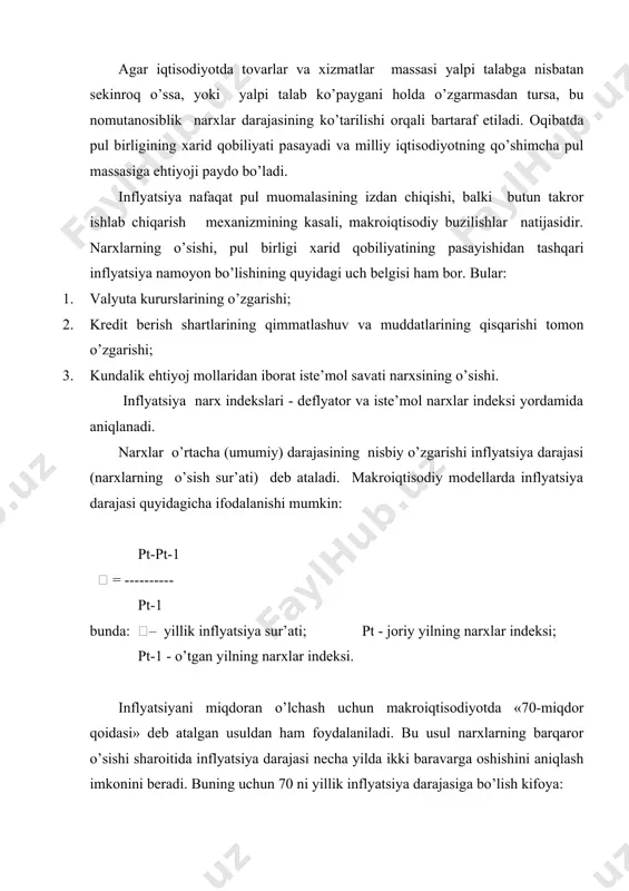 miqdor qoidasidan» foydalaniladi. narxlar ikki martaga 70 oshishi uchun zarur = ---------------------- yillar soni  misol uchun, yillik inflyatsiya darajasi 7 % ga teng bo’lsa, taxminan 10 yilda narxlar ikki martaga oshadi, ya’ni, (70:7 = 10). inflyatsiyaning turlari. talab va taklif inflyatsiyasi odatda inflyatsiyani ikki xilga talab inflyatsiyasi va taklif inflyatsiyasiga ajratiladi. talab inflyatsiyasi - bu iqtisodiyotda talab keskin oshib ketishi va uni ishlab chiqarishning real hajmi bilan qondirish mumkin bo’lmay qolgan sharoitlarda kelib chiqadi. ya’ni, to’liq bandlilikka yaqin sharoitda iqtisodiyotning ishlab chiqarish imkoniyatlari o’sib borayotgan yalpi talabni qondirolmaydi. ortiqcha talab esa real tovarlar narxining ko’payishiga iqtisodiy bosim beradi va talab inflyatsiyasi kelib chiqadi. yoki, oddiy so’zlar bilan aytganda, «xaddan ziyod pullar haddan kam tovarlarni ovlaydi». talab inflyatsiyasini keltirib chiqaruvchi asosiy sabablar aholining ish bilan to’liq bandligi va ish haqining oshib borishi hisoblanadi. demak, inflyatsiya talab, taklif, ish bilan bandlik, narx, ishlab chiqarish sur’atlari kabi ko’pgina omillarga bog’liq. iqtisod pasayish …