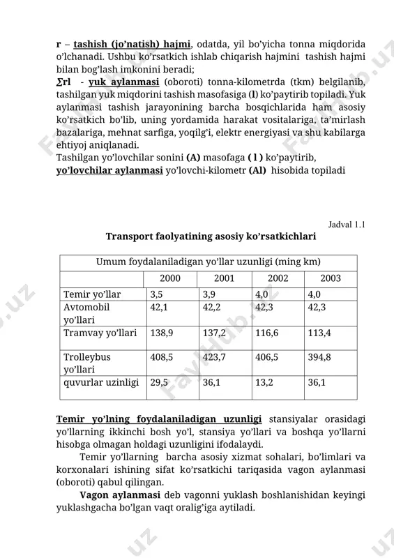 ,3 tramvay yо’llari 138,9 137,2 116,6 113,4 trolleybus yо’llari 408,5 423,7 406,5 394,8 quvurlar uzinligi 29,5 36,1 13,2 36,1 temir yо’lning foydalaniladigan uzunligi stansiyalar orasidagi yо’llarning ikkinchi bosh yо’l, stansiya yо’llari va boshqa yо’llarni hisobga olmagan holdagi uzunligini ifodalaydi. temir yо’llarning barcha asosiy xizmat sohalari, bо’limlari va korxonalari ishining sifat kо’rsatkichi tariqasida vagon aylanmasi (oboroti) qabul qilingan. vagon aylanmasi deb vagonni yuklash boshlanishidan keyingi yuklashgacha bо’lgan vaqt oralig’iga aytiladi. temir yо’llarning asosiy iqtisodiy kо’rsatkichlari mehnat unumdorligi, tashish tannarxi va daromad kabilardan iborat bо’ladi. transport turlari va ularning xususiyatlari. yо’lovchi va yuklarni tashish yagona maqsad yо’lida birlashib, о’zaro hamkorlikda faoliyat kо’rsatadigan turli xil transport turlari bilan amalga oshiriladi. о’zbekistonda ijtimoiy yо’naltirilgan bozor iqtisodiyotini shakllantirishga mо’ljallangan chuqur va keng kо’lamli iqtisodiy islohotlar amalga oshirilayotgan xozirgi davrda transport sohalari alohida ahamiyat kasb etadi. rasm 1.2. transport vositalari tizimi transport, ayniqsa, temir yо’l transportining har qanday jamiyat hayotidagi о’rni juda katta bо’lib, uning davlat …