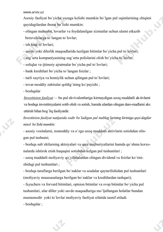 ir bo`ladigan pul mablag`larining chiqimiga quyi-dagilarni misol kilib keltirish mumkin: - asosiy vositalarni, nomoddiy va o`zga uzoq muddatli aktivlarni xarid qilishga pul to`lovlari. bu to`lovlar tajriba-konstruktorlik ishlariga ajratilgan sarmoyalashtirilgan xarajatlar, shuningdek xo`jalik sudi bilan amalga oshirilgan qurilishlar bilan bog`lik bo`lgan to`lovlarni o`z ichiga oladi; - boshqa sub`ektlarning aktsiyalari yoki qarz majburiyatlarini hamda qo`shma korxo-nalarda ishtirok etish huquqini sotib olishga doir pul to`lovlari; - boshqa taraflarga berilgan bo`naklar va kreditlar (moliyaviy muassasalarga be-rilgan bo`naklar va kreditlardan tashqari); - fьyuchers va forvard bitimlari, optsion bitimlar va svop bitimlar bo`yicha tu-lovlar, ular diller yoki savdo maqsadlari uchun mo`ljallangan holatlar bundan mus-tasno bo`ladi yoki to`lovlar moliyaviy faoliyat sifatida tasnif etiladi. - boshqalar. moliyaviy faoliyat - bu faoliyat kreditlarning olinishi yoki aktsiyalar (obligatsiyalarning) emissiyasi natijasida kelib tushgan pul mablag`lari va avval olingan kreditlarni qaytarilishi hamda korxona aktsiyalari bo`yicha chiqarilgan dividendlarning to`lanishi bilan bog`lik faoliyatdir. moliyaviy faoliyatdan kelib tushayotgan pul oqimlariga quyidagilarni kiritish mumkin: - korxona …