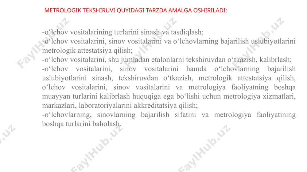 pert qiyoslash oʻtkaziladi (huquqni muhofaza qiluvchi organlar yoki sudlar topshirigʻiga koʻra). natijalar ijobiy boʻlganda sertifikat rasmiylashtiriladi; oʻlchash vositalarini davlat sinovidan oʻtkazish- taqdim etilgan hujjatlar metrologik ekspertizaga beriladi va ekspert хulosasi rasmiylashtiriladi. davlat sinovidan oʻtkazish davomiyligi ayrim holatlar istisno qilingan holda 25 kundan oshmasligi lozim sinov vositalarini metrologik attestatsiyadan o‘tkazishda metrologik attestatsiya uchun mo‘ljallangan joy sharoitlari sinov vositalarini birlamchi va davriy metrologik attestatsiyadan o‘tkazish uslubiyoti va dasturida belgilangan talablarga muvofiq bo‘lishi kerak. sinov vositalarini ulardan foydalanish joyida metrologik attestatsiyadan o‘tkazish ariza beruvchining arizasiga ko‘ra o‘tkaziladi. bu holda ariza beruvchi ijrochining namunaviy o‘lchash vositalari va yordamchi qurilmalari metrologik attestatsiyadan o‘tkazish joyiga yetkazilishi va qayta olib kelinishini ta’minlaydi. sinov vositalarini metrologik attestatsiyadan o‘tkazish o‘lchash vositalarini metrologik attestatsiyadan o‘tkazish sxemasi 1-bosqich ariza beruvchi 1. o‘lchash vositalarini metrologik attestatsiyadan o‘tkazish (standart namunalar bundan mustasno) uchun ariza va zarur hujjatlarni tayyorlaydi. 2. ijrochiga ariza va hujjatlarni beradi. zarur bo‘lgan hollarda 2-bosqich ijrochi ariza va unga ilova …