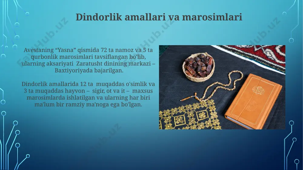 n ortiq davom etadigan jangda yaxshilik kuchlariga qarshi kurash olib boradilar. avesto matnlarida ahrimanning 72 ta yovuz kuchlari va ularning insonlarga qarshi turli xil fitnalari, masalan, kasalliklar va tabiiy ofatlar keltirilgan. zamonaviy zardushtiylik va uning an'analari dunyoning 100 dan ortiq mamlakatida taxminan 100,000 dan 200,000 gacha zardushtiy yashaydi, ular o'zlarining an'anaviy qadriyatlarini va diniy amallarini saqlab qolishga harakat qilishadi. zamonaviy zardushtiylikda 3000 dan ortiq yil davom etgan an'analar, jumladan, atash bahram marosimlari va farvardin bayramlari, hindistonning gujarat shtati va iroqning ba'zi hududlarida saqlanib qolgan. e'tiboringiz uchun rahmat @taqdimot_robot image3.jpg image4.jpg image5.jpg image6.jpg image7.jpg image8.jpg image9.jpg image10.jpg image11.jpg image12.jpg image13.jpg image14.jpg image15.jpg image16.jpg image17.jpg image18.jpg image19.jpg image2.png