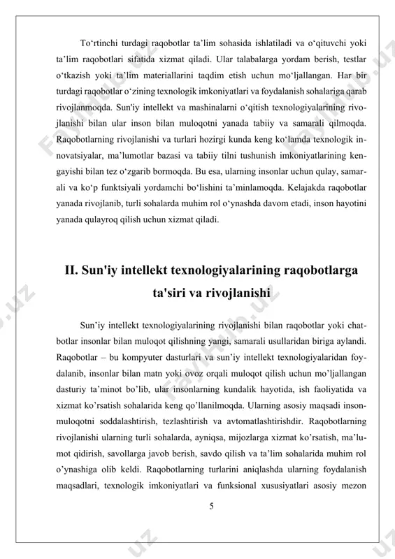 tavsiyalar beradi va kompaniyalar uchun yangi mijozlar bilan ishlash imkoniyatlarini kengaytiradi. to’rtinchi tur — ta’lim va o’qituvchi raqobotlar. ular talabalarga yordam berish, testlar o‘tkazish va ta’lim materiallarini taqdim etish uchun ishlab chiqilgan. bu raqobotlar ta’lim jarayonini interaktiv va qiziqarli qilishga yordam beradi, shuningdek, shaxsiy o’qitish va tayyorlov mashg’ulotlarini tashkil etadi. shu bilan birga, raqobotlarning texnologik imkoniyatlarining kengayishi bilan ularning rivojlanishi davom etmoqda. sun’iy intellekt va mashinalarni o’qitish texnologiyalarining rivojlanishi bilan raqobotlar inson bilan muloqotni yanada tabiiy va samarali qilish uchun harakat qilmoqda. ularning turlari va funksiyalari vaqt o’tishi bilan kengayib borayotgan va yangi sohalarga moslashtirilayotgan bo’lib, kelajakda ular yanada rivojlanib, insonlarning kundalik va ish muhitlarida muhim rol o’ynashda davom etadi. iii. raqobotlar bilan inson-muloqotni soddalashtirish va amaliy foydalanish inson-muloqotni soddalashtirish va zamonaviy texnologiyalar yordamida kundalik hayotda qulaylik yaratish maqsadida raqobotlar yoki chatbotlar keng qo‘llanilmoqda. raqobotlar inson bilan matn yoki ovoz orqali muloqot qilish uchun mo‘ljallangan dasturiy ta’minot bo‘lib, ular sun’iy …