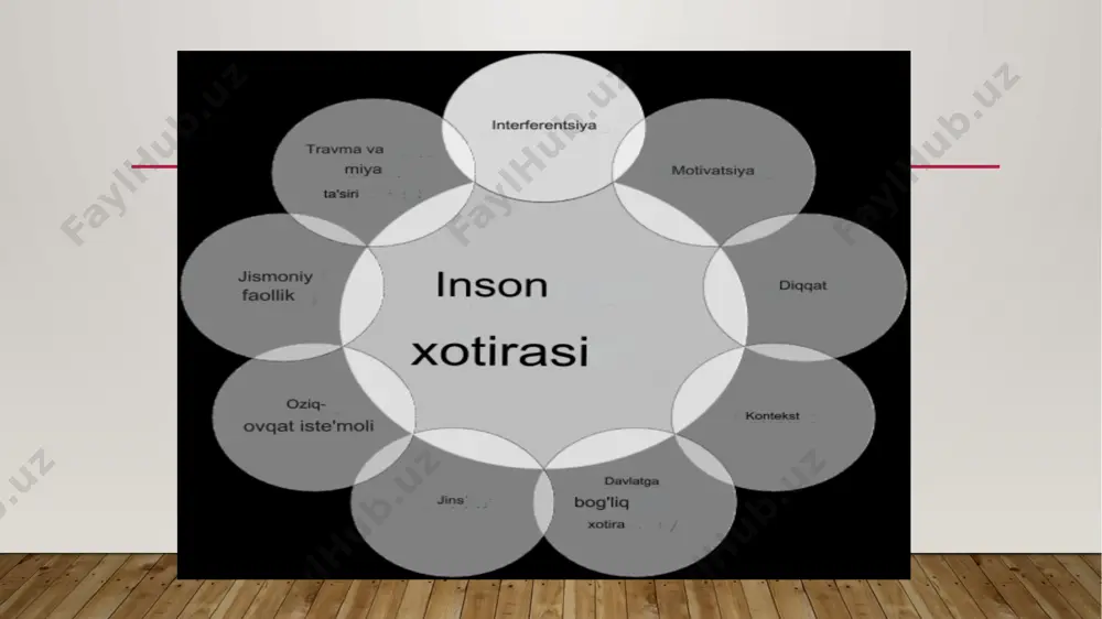 hni boshlaydilar. rivojlanish davom etar ekan, eshitilmaydigan xotira materiali iloji bo'lsa, fonologik tsiklga mos keladigan fonologik kodga qayta kodlanadi. kichik bolalar (5 yoshgacha) vizual material uchun tezkor xotirani qo'llab-quvvatlash uchun vizual fazoviy eskiz panelidan foydalanishga kattaroq bolalar yoki kattalarga qaraganda ko'proq bog'liq bo'lishi mumkin. kattaroq bolalar iloji bo'lsa, rasmlarni og'zaki qayta kodlash strategiyasini qabul qiladilar, shuningdek, "vizual" xotira vazifasini bajarishda vositachilik qilish uchun fonologik tsikldan foydalanadilar. 5 yoshdan 11 yoshgacha bo'lgan davrda vizual xotira hajmi sezilarli darajada oshadi va aynan shu davrda kattalarning ishlash darajasiga erishiladi. e’tiboringiz uchun raxmat!!! image2.png image3.png image4.png image1.jpg /docprops/thumbnail.jpeg