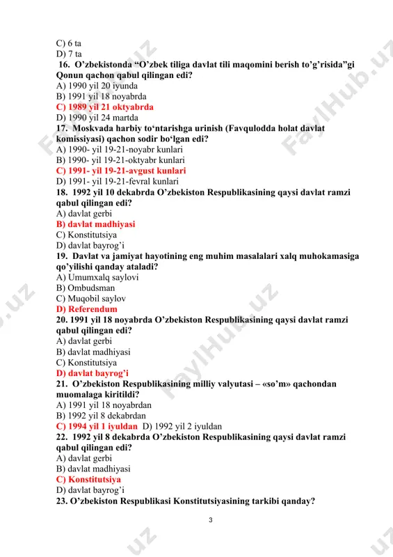 gerbi b) davlat bayrog‘i c) davlat madhiyasi d) konstitusiya 25. o‘zbekiston respublikasi konstitutsiyasiga qanday o‘zgartirish kiritiladi? a) referendum orqali b) oliy majlis yig‘ilishida c) senat yig‘ilishida d) oliy kengash yig‘ilishida 26. davlat hokimiyati necha bo‘g‘inga bo‘linadi? a) 1 b) 2 c) 3 d) 4 27. o‘zbekiston milliy taraqqiyot yo‘li bu – a) bozor munosabatlariga asoslangan huquqiy demokratik davlat qurish b) o‘z milliy xususiyatlarini saqlab qolish c) jahon bozoriga chiqish d) ijtimoiy himoyani mustahkamlash 28. o‘zbekstonning mustaqil taraqqiyot yo‘li bugungi kunda nima deb nomlanadi? a) o‘zbek modeli b) bozor iqtisodiyoti c) demokratik jamiyat d) konstitutsiyaning ustivorligi 29. “o‘zbek modeli” nechta tamoyil asosida joriy etilgan? a) 3 b) 6 c) 5 d) 7 30.taraqqiyotning “o‘zbek modeli” ning asoschisi – a) m.s.gorbachev b) r.nishonov c) v.elsin d) i.a.karimov 31. taraqqiyotning “o‘zbek modeli” qaysi yili ilgari surilgan? a) 1996 yilda b) 1990 yilda c) 1992 yilda d) 1991 yilda 32. mustaqil o’zbekiston respublikasida ikkinchi …