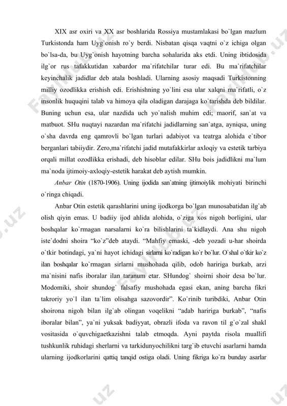 lan ilg`ab olingan voqelikni “adab haririga burkab”, “nafis iboralar bilan”, ya`ni yuksak badiyyat, obrazli ifoda va ravon til g`o`zal shakl vositasida o`quvchigaetkazishni talab etmoqda. ayni paytda risola muallifi tushkunlik ruhidagi sherlarni va tarkidunyochilikni targ`ib etuvchi asarlarni hamda ularning ijodkorlarini qattiq tanqid ostiga oladi. uning fikriga ko`ra bunday asarlar jamiyat uchun zararli. zero, “bu kabi shoirlar g`aziyotni o`qug`onodam umrini barham berib, tezroq dunyodin kechish fikriga duchor bo`lur… shoira har bir badiiy asar hayotbaxsh ruhga ega bo`lishi va shu bilan jismiyatni yangilashga, milliy ozodlik uchun kurashga da`vat etish kerak fikrni ilgari suradi. abdurauf fitrat (1898-1938). avvalo shuni aytish kerakki, « adabiyot qoidalari»da mualif nafaqat adabiyot nazariyotchisi sifatida, balki keng quvvai hofizali nafosatshunos tarzida maydonga chiqadi. fitrat har bir “go`zal san`at” ning materiali, substratiga qarab, ularni olti turva ikki xilga (turkumga) bo`ladi. u misiqani birinchi o`ringa qo`yadi, undan keyin: “rasm, haykalchilik, me`morchiik o`yun (tans), abiyot” keladi go`zal san`atlarning mana shu olti turlari bir …
