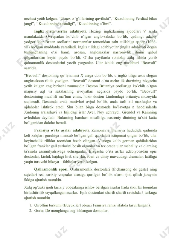 ’lga kiritdilar. ilk o ‘rta asrlarda kelt qabilalari hayoti haqidagi xalq she’riyati negizida qahramonlik eposi shakllandi. eposlarni kuylovchilar 2 guruhga – lirik she’riyatni kuylovchi bardlar, epic she’riyat bilan shug ‘ullanuvchi filidlarga bo’lingan. filidlar o’z qissalarini nasrda bayon qilganlar. keyinroq ular “saga” qissa nomini olgan. sagalarning ta’sir kuchini yanada oshirish uchun filidlar she’riy parchalar kiritganlar. kelt eposining qahramonlik qissalari ular qiroli konxobar va uning jiyani kuxulinning sarguzashtlariga bag ‘ishlangan. bizgacha ushbu qissalarning bir nechasi yetib kelgan. “usnex o ‘g’illarining quvilishi”, “kuxulinning ferdiad bilan jangi”, “ kuxulinning xastaligi”, “kuxulinning o’limi”. ingliz o‘rta asrlar adabiyoti. hozirgi inglizlarning ajdodlari v asrda mamlakatda ovrupadan ko‘chib o‘tgan anglo-sakslar bo‘lib, qadimgi adabiy yodgorliklar britan orollarini normannlar tomonidan zabt etilishiga qadar (1066-yil) bo‘lgan muddatda yaratiladi. ingliz tilidagi adabiyotlar (ingliz adabiyoti degan tushunchaning o‘zi ham), asosan, anglosakslar nasroniylik dinini qabul qilganlaridan keyin paydo bo‘ldi. o‘sha paytlarda rohiblar xalq ichida yurib qahramonlik dostonlarini yozib yurganlar. ular ichida eng mashhuri “beovulf’ …