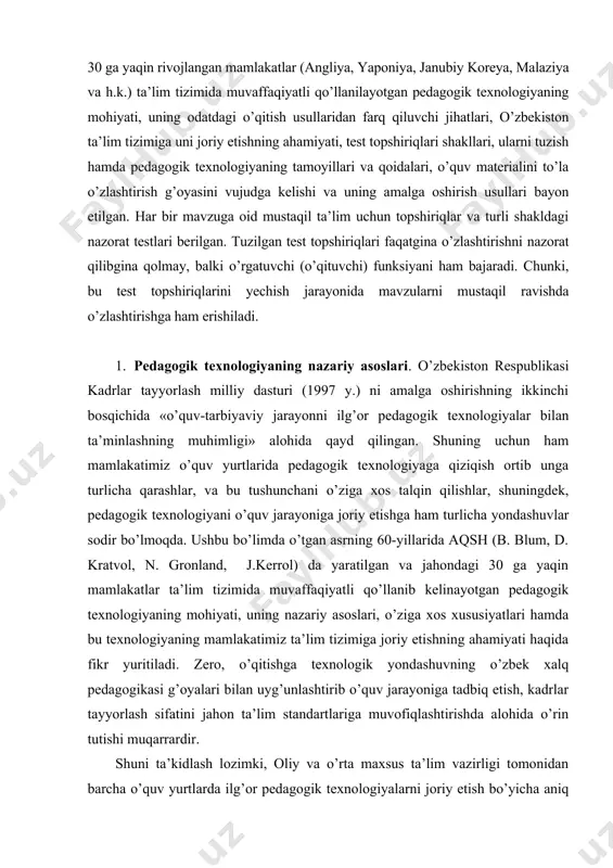 lanib kelinayotgan pedagogik texnologiyaning mohiyati, uning nazariy asoslari, o’ziga xos xususiyatlari hamda bu texnologiyaning mamlakatimiz ta’lim tizimiga joriy etishning ahamiyati haqida fikr yuritiladi. zero, o’qitishga texnologik yondashuvning o’zbek xalq pedagogikasi g’oyalari bilan uyg’unlashtirib o’quv jarayoniga tadbiq etish, kadrlar tayyorlash sifatini jahon ta’lim standartlariga muvofiqlashtirishda alohida o’rin tutishi muqarrardir. shuni ta’kidlash lozimki, oliy va o’rta maxsus ta’lim vazirligi tomonidan barcha o’quv yurtlarda ilg’or pedagogik texnologiyalarni joriy etish bo’yicha aniq maqsad sari samarali ishlar amalga oshirilmoqda. jumladan, 1997 yil aprel-iyun oylarida o’tkazilgan respublika ilmiy-amaliy seminarlar dasturida pedagogik texnologiyani o’quv jarayoniga joriy etish masalasi o’z aksini topgan. o’sha yili avgust oyida «muammolar» institutida «ilg’or pedagogik texnologiyalar» bo’yicha jadallashtirilgan malaka oshirish kursi tashkil qilinib, unda professor b. l. farberman qiziqarli ma’ruzalar o’qidi. u ta’kidlaganidek: «ko’p bosqichli ta’lim tizimi, yangi standart va o’quv dasturlari joriy etilayotgan hozirgi davrda o’qitishni eskicha uslub bilan olib borishga yo’l qo’ymaslik kerak». o’tgan davr mobaynida bu institut tomonidan respublikamizdagi bir …