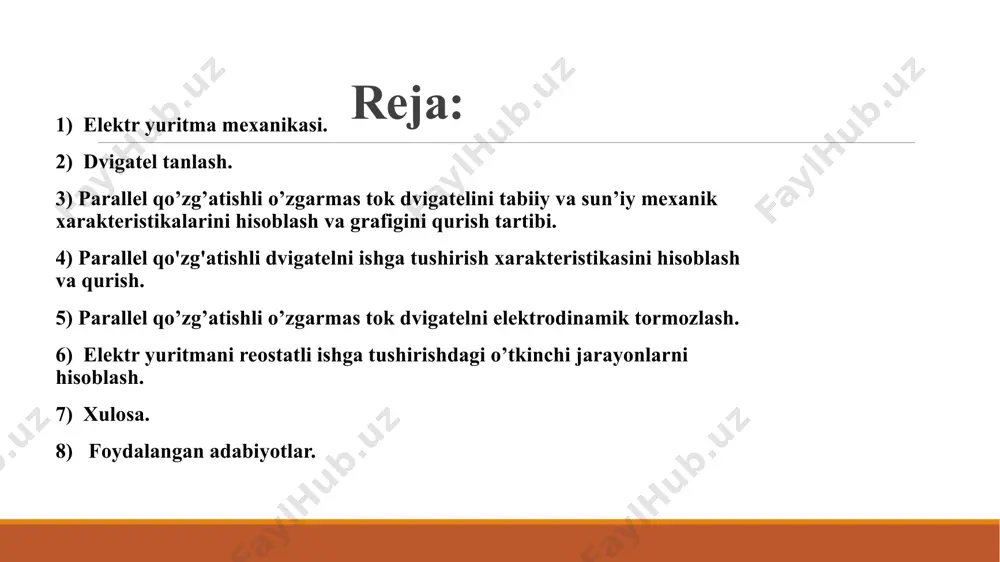 i jarayon grafiklarining natijalari quyidagicha: t, sek 0.05 0.10 0.21 0.422 m, n*m 67.03 74.64 80.45 85.39 w, rad/sek 40.55 52.4 63.42 71,16 elektr yuritmani reostatli ishga tushirishdagi o’tkinchi jarayon grafiklari. xulosa kurs loyihasida men parallel qo’zg’atishli elektrodvigatelni ishga tushirish, reverslash va tormozlashni avtomatik boshqarish masalalarini ishlab chiqdim, avtomatik boshqarish sxemalarni tuzishni o’rgandim, elektr yuritmalarni boshqarish sxema elementlarini grafik tasvirlanishini va printsipial sxemalarini o’qishni o’rgandim. kurs loyihasini bajarishda men elektr yuritmani tezligini rostlash masalalarini yechdim, boshqarish sxemalarni grafik bajarish, dvigatelni mexanik xarakteristikalarini hisoblash va qurish ko’nikmalariga ega bo’ldim foydalanilgan adabiyotlar klyuchev v. i «teoriya elektroprivoda» m. energoatomizdat. 2000. 440s. moskalenko v. v «elektricheskiy privod» uchebnoe posobie, akademiya 2004g. 238s. moskalenko v. v «sistemi avtomatizirovannogo upravleniya elektroprivoda» uchebnik. infra m. 2004g. beketov v.f. «osnovi elektroprivoda» uchebnoe posobie po kursovomu proektirovaniyu. m.2002g. image2.jpg image3.png image3.jpg image5.png image4.jpg image7.png image5.jpg /docprops/thumbnail.jpeg