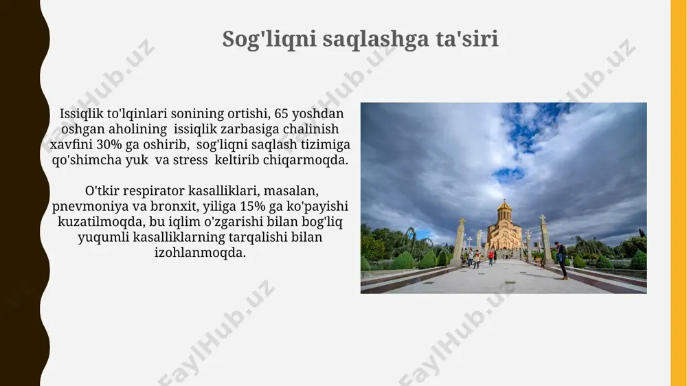 etadi, bu esa tog'li hududlarning suv ta'minotiga jiddiy tahdid soladi va qurg'oqchilik ehtimolini kuchaytiradi. o'zbekiston muzliklarining 20% dan ortig'i so'nggi 50 yil ichida erigan bo'lib, bu suv resurslarining kamayishiga va tabiiy ofatlar xavfini oshirishga olib keldi. dengiz sathining ko'tarilishi so'nggi 30 yil ichida o'zbekiston qirg'oqlarida dengiz sathining o'rtacha 2-3 millimetrga ko'tarilishi kuzatilgan bo'lib, bu iqlim o'zgarishi va muzliklarning erishi bilan bog'liq. markaziy osiyo mintaqasida, shu jumladan o'zbekistonda, dengiz sathining ko'tarilishi qirg'oq eroziyasini kuchaytirib, 0,5-1 metrgacha bo'lgan suv bosish xavfini tug'diradi. haroratning o'zgarishi o'zbekistonning ayrim hududlarida o'rtacha yillik harorat 1960 yildan beri 1-1,5°c ga ko'tarilgan, bu global isishning mahalliy ta'sirini ko'rsatadi. qish fasllarining qisqarishi va bahorning erta boshlanishi kuzatilmoqda, bu esa agrotexnik tadbirlarni qayta ko'rib chiqish zaruriyatini keltirib chiqaradi. e'tiboringiz uchun rahmat @taqdimot_robot image1.jpg image2.jpg image3.jpg image4.jpg image5.jpg image6.jpg image7.jpg image8.jpg image9.jpg image10.jpg image11.jpg image12.jpg image13.jpg