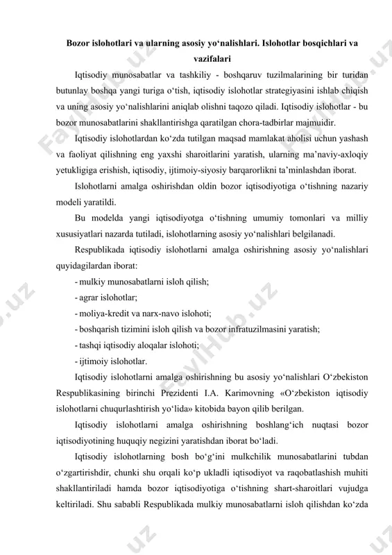 hu sababli respublikada mulkiy munosabatlarni isloh qilishdan ko‘zda tutilgan maqsad davlat mulki monopolizmini tugatish va bu mulkni xususiylashtirish hisobiga ko‘p ukladli iqtisodiyotni real shakllantirishdan iborat respublikada iqtisodiy islohotlarni amalga oshirishning dastlabki bosqichidayoq qishloq xo‘jaligini isloh qilishga ustunlik berildi. bunga quyidagilar sabab bo‘ldi. birinchidan, respublikamiz iqtisodiyotida agrar soha ustunlikka ega, aholining ko‘pchiligi qishloq xo‘jaligida band, iqtisodiy o‘sish ko‘p jihatdan shu tarmoq ahvoliga bog‘liq. ikkinchidan, respublika butun sanoat potensialining yarmiga yaqinini tashkil qiladigan sanoatning ko‘pgina tarmoqlarini (paxta tozalash, to‘qimachilik, yengil, oziq-ovqat, kimyo sanoati, qishloq xo‘jalik mashinasozligi va boshqalar) rivojlantirish istiqbollari bevosita qishloq xo‘jaligiga bog‘liq. uchinchidan, qishloq xo‘jalik mahsulotlari (asosan paxta) hozirgi vaqtda valyuta resurslari, respublika uchun zarur bo‘lgan oziq-ovqat mahsulotlari, dori-darmonlar, texnika va texnologiya uskunalarini chetdan sotib olishni ta’minlayotgan asosiy manbadir. to‘rtinchidan, mustaqillik sharoitida qishloq xo‘jaligining oziq-ovqat muammosini hal etishdagi roli ortib boradi. mavjud iqtisodiy tizimning izchillik bilan bozor munosabatlariga o‘sib o‘tishida moliya-kredit sohasini isloh qilish alohida o‘rin tutadi. moliyaviy munosabatlarda davlat …