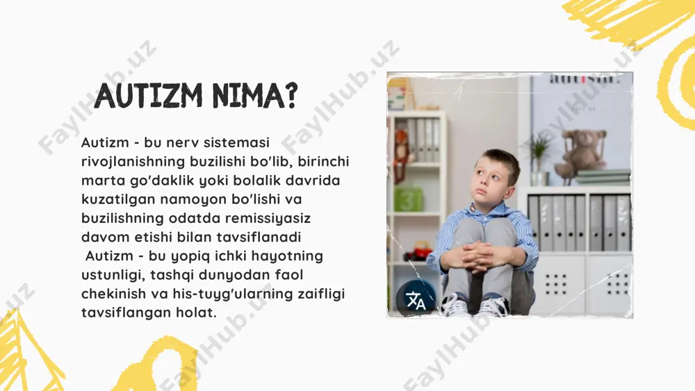 rorlashmaydi, javoban tabassum qilmaydi, kattalarning imo-ishoralarini takrorlamaydi yoki ongli ravishda qilmaydi;bolalar o'zlarining muammolari va fikrlarini ota-onalari bilan bo'lishmaydilar. autizm belgilari go'daklik davrida noqulaylik reaksiyasining buzilishi, zaif ovozli ogohlantirishlarga va atrof-muhitdagi kichik o'zgarishlarga javoban qo'rquv va yig'lashning haddan tashqari kuchli reaksiyalari, ammo kuchli ogohlantirishlarga zaif reaksiyalar kabi alomatlar diqqatni tortadi; shovqin va oʻta yorugʻlikka sezgir boʻlishadi va ovqatlanish holatiga reaktsiyaning zaiflashishi ham kuzatilishi mumkin. nutqning yetishmasligi;yuz ifodalari va imo-ishoralarning yetishmasligi;; bola ko'z bilan aloqa qilishdan qochadi, suhbatdoshga tabassum qilmaydi;; nutq rivojlangan, ammo bola boshqalar bilan aloqa qilmaydi, ularga javob bermaydi;; bola iboralarni yoki individual so'zlarni takrorlaydi (kanner tasnifiga ko'ra "gramofon" yoki " to'tiqush" nutqi);; nutqdagi fonetik buzilishlar. autistlar intonatsiya bilan bog'liq muammolarga duch kelishadi, nutq monoton yoki ritmik jihatdan noto'g'ri bo'lishi mumkin.; 2. nutq va nutq bo'lmagan aloqa rivojlanishidagi muammolar - asabiy xatti-harakatlar; begonalashish; - bola yolg'iz o'ynashni yaxshi ko'rishi; - o'yinlarni, xayoliy voqealarni ixtiro qilishga qiziqish yo'qligi -bola bitta o'yinchoq …