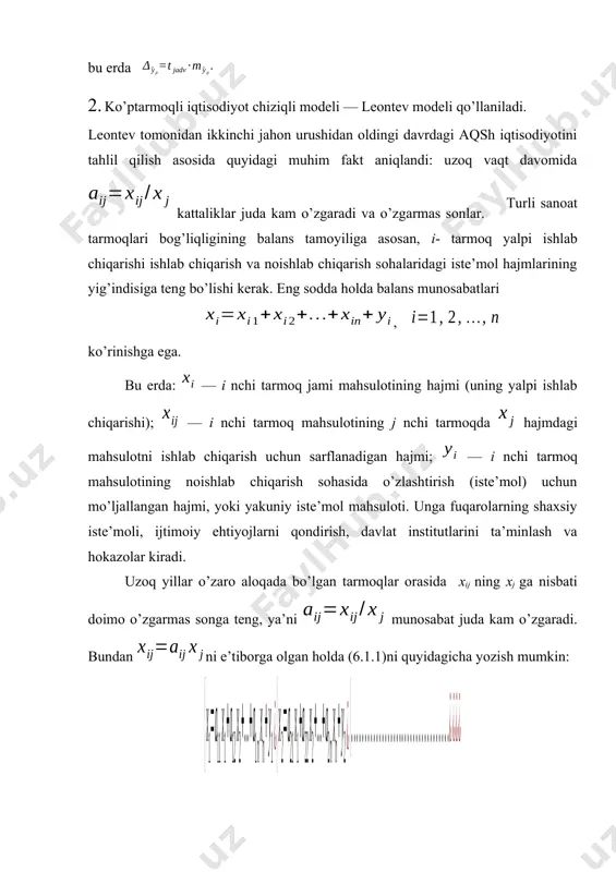iste’mol vektori ma’lum bo’lib, yalpi ishlab chiqarish vektori ni aniqlash talab qilinadi. bu holatda matritsasi ma’lum va vektori berilgan bo’lib chiziqli tenglamalar sistemasi echiladi. tarmoqlararo iqtisodiy munosabat samarali deyiladi , ya’ni a matritsa samarador bo’ladi: agar elementlari nomanfiy bo’lgan matritsaning ixtiyoriy ustuni (satri) bo’yicha elementlari yig’indisi birdan oshmasa, yoki , hamda hech bo’lmaganda bitta ustun (satr) uchun bu yig’indi birdan qat’iy kichik bo’lsa. 3. yechish 1) chiziqli regressiyaning a va b parametrlarini hisoblash uchun quyidagi normal tenglamalar sistemasini a va b larga nisbatan echamiz: hisoblashlarni amalga oshirish uchun quyidagi ishchi jadvalini tuzamiz y x yx x2 y2 ai,% 1 37,5 31,5 1181,25 992,25 1406,25 -113,84 151,34 403,6 2 45 30 1350 900 2025 -61,4 106,4 236,4 3 67,5 28,5 1923,75 812,25 4556,25 -8,96 76,46 113,3 4 75 25,5 1912,5 650,25 5625 95,92 -20,92 28,9 5 82,5 22,5 1856,25 506,25 6806,25 200,8 -118,3 143,3 6 97,5 25 2437,5 625 9506,25 113,4 …