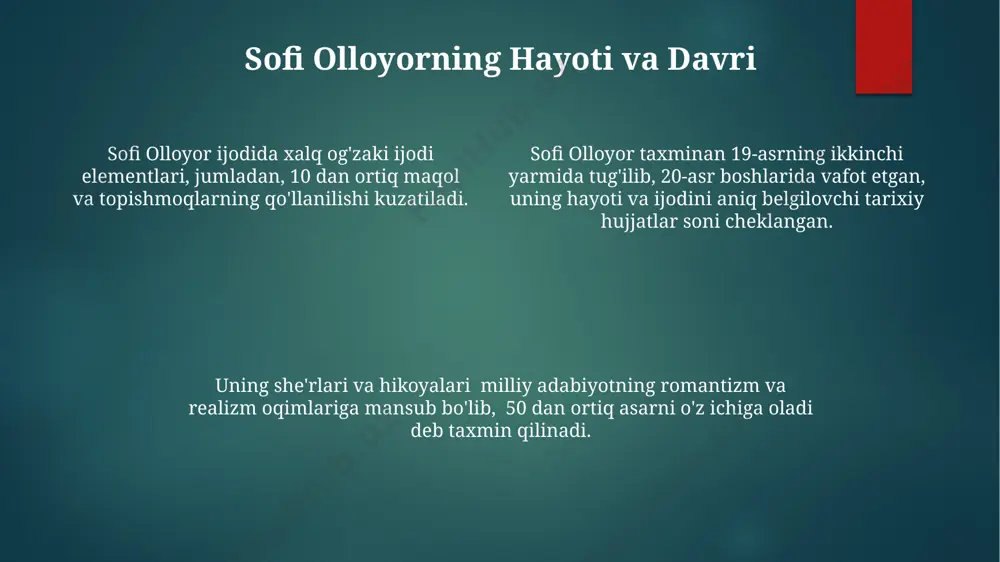 sida va masnaviylarning tahlili" asarida sofi olloyorning 15 dan ortiq qasida va masnaviylari uslubiy jihatdan tahlil qilingan, ularning badiiy xususiyatlari va mavzu doirasini chuqur o'rganishga bag'ishlangan. "qasida va masnaviylarning tahlili" da arifmetik va geometrik progressiya tamoyillariga asoslangan she'riy tuzilmalar haqida 3 ta misol keltirilgan, bu esa olloyorning matematik bilimlarini namoyish etadi. ushbu tadqiqotda olloyor ijodining lug'aviy boyligi, 500 dan ortiq so'z va terminlarning tahlili orqali uning she'riy tilining o'ziga xos xususiyatlari aniqlangan. e'tiboringiz uchun rahmat @taqdimot_robot image1.png image2.png image3.png image4.png image5.png image6.png image7.png image8.png image9.png image10.png