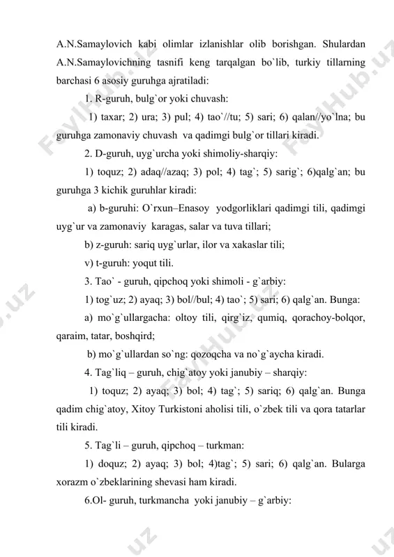publikasining sinsyan – uyg`ur respublikasida yashovchi uyg`ur xalqining tilidir. 5. o`g`iz tillari guruhi: a) tuva tili. tuva va mongoliya xalq respublikasi territoriyasida yashovchi tuva xalqining tilidir; b) tofalar (yoki karagas) tili krasnoyarsk o`lkasida yashovchi elat tili. 6. yoqut tili. yoqutistonda yashovchi yoqutlarning tilidir. 7. xakas tillari guruhi: xakas tili, shor tili, cho`lim tili (cho`lim tatarlari tili), oltoy tilining shimoliy shevalari. turkiy tillar – agglyutinativ tillar guruhiga kiradi. turkiy tillardagi affikslar bir ma’nolidir – so`z tarkibida ishtirok etayotgan har bir qo`shimcha faqat bir ma’noni anglatgan holda birin – ketin yopishib ketaveradi. masalan, o`zbek tilida o`qituvchilarga so`zida o`qi - o`zak, t-orttirma nisbat qoshimchasi, uv-harakat nomi qo`shimchasi, chi-shaxs oti yasovchi affiks, lar-ko`plik, ga-jo`nalish ma’nosoni ifodalaydi; vengr tilida haz-uy, hazfa-uyda, hazak-uylar, hazakba-uylarda. ko`rinadiki, turkiy tillardagi qo`shimchalar o`zakka mexanik ravishda qo`shilaveradi, lekin o`zak bilan birikib, singib ketmaydi, o`zakdan ajralib turadi. shuningdek, turkiy tillarda prefiks yo`q (fors-tojik tillaridan kirib kelgan ayrim old qo`shimchalardan tashqari), ya’ni qo`shimchalarining …