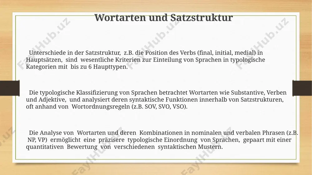morphem und zeigen kaum flexion. agglutinierende sprachen fügen morpheme aneinander, wobei jedes morphem eine einzelne grammatische funktion trägt – man findet z.b. bis zu 15 morpheme in einem einzigen wort. flektierende sprachen verwenden flexion, wobei ein morphem mehrere grammatische funktionen gleichzeitig ausdrücken kann, was zu relativ kurzen, aber komplexen wortformen führt, im gegensatz zu den längeren wörtern in agglutinierenden sprachen. einführung in die typologie die einführung in die typologie behandelt mindestens 4 haupttypen von sprachen, wie z.b. isolations-, agglutinierende, flektierende und polysynthetische sprachen, basierend auf morphologischen kriterien. ein zentrales thema der einführung ist die analyse von wortordnungen (sov, svo, vso etc.) und deren einfluss auf die syntax und die semantische interpretation von sätzen. es werden statistische häufigkeiten betrachtet. die einführung vergleicht die typologischen merkmale von über 100 verschiedenen sprachenfamilien, um universelle sprachmuster und sprachliche diversität zu illustrieren. syntaktische klassifikation ein wichtiger aspekt der syntaktischen klassifikation ist die kopf-finalität vs. kopf-initialität, …