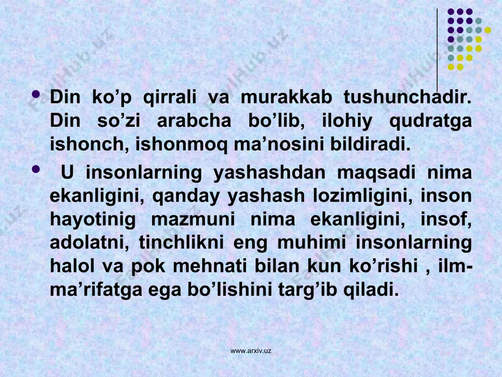 mi, malayziya, indoneziya xalqlari, livan, hindiston, xitoy hamda filippin aholisining ma’lum bir qismi, yevropa qit’asidagi bolqon yarim orolida yashovchi xalqlarning bir bo’lagi islomga etiqod qiladilar. musulmonlarning xaj qiladigan joyi – makka. ka’ba – islom dinida muqaddas hisoblanadi va u yerda «ollohning uyi» («baytulloh») deb nom olgan. www.arxiv.uz www.arxiv.uz «islom» so’zi arabcha bo’lib, «xudoga o’zini topshirish» «itoat», «bo’ysunish» degan ma’nolarni bildiradi. shundan bu ishonuvchilar: «muslim» deb ataladi. uning ko’pchlik shakli bu dinda «muslimun» deb ifodalanadi. islom dini arabiston yarim orolida vi asrning oxiri vii asr boshlarida paydo bo’lgan. payg’ambarimiz muhammad alayxissalom (570-632) makkada yakka xudoga e’tiqod qilish to’g’risida targ’ibot boshlagan. biroq zodagonlarning qarshiligiga uchrab 622-yilda o’z tarafdorlari bilan madina (yasrib) ga ko’chgan (xijrat qiladi). o’sha yildan boshlab musulmonlarning xijriy yili hisobi boshlandi. 630-yilga kelib makka ham musulmonlar qo’liga o’tib bu yerda musulmon davlati shakllanadi. makka birinchi marta ptolomey asarida (ii-asr) makoraba nomi bilan tiga olingan. islom dinigacha majusiy kabilarning diniy markazi …