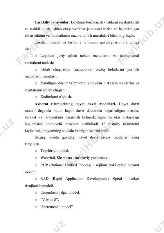- muddat va mafkuraviy inqiroz sharoitida ishlash tushunchasi. · xp (extreme programming) - dinamik muhitda ekstremal rivojlanish. · ld (lean development) - bu jarayonning barcha ishtirokchilariga ehtiyotkorlik bilan munosabatda bo'lishni o'z ichiga olgan usul. · agile - bu tezkor rivojlanish metodologiyasi. · crystal clear - jamoada ishlab chiquvchilarni tenglashtirish bilan yondashuv. · dsdm (dynamic systems development model) - dinamik model. · fdd (feature driven development) - kelajakdagi o'zgarishlarni hisobga oladigan metodologiya. · jad (joint application development) - foydalanuvchiga yo'naltirilgan yondashuv. bu modellar haqida qisqacha ma’lumot berib o’tamiz. topshiriqli model. topshiriqlar va masalalar soni ko`payishi bilan qiyinchiliklar ham oshib boradi va doimiy ravishda mavjud dasturlarni va ma`lumotlar tuzilmasini o`zgartirishga to`g’ri keladi. bu tizim rivojlanish tezligini sekinlashtiradi va tashkilot rivojlanishiga ham o`z ta`sirini ko`rsatadi. ammo, alohida holatlarda bunday texnologiya maqsadga muvofiq bo`lishi mumkin: · vaqtincha (tezkor natija olish), (nima qilib bo`lsa ham masala yechilsa bo`ldi, keyin hammasi qaytadan qilinadi). · buyurtmachi eksperiment …