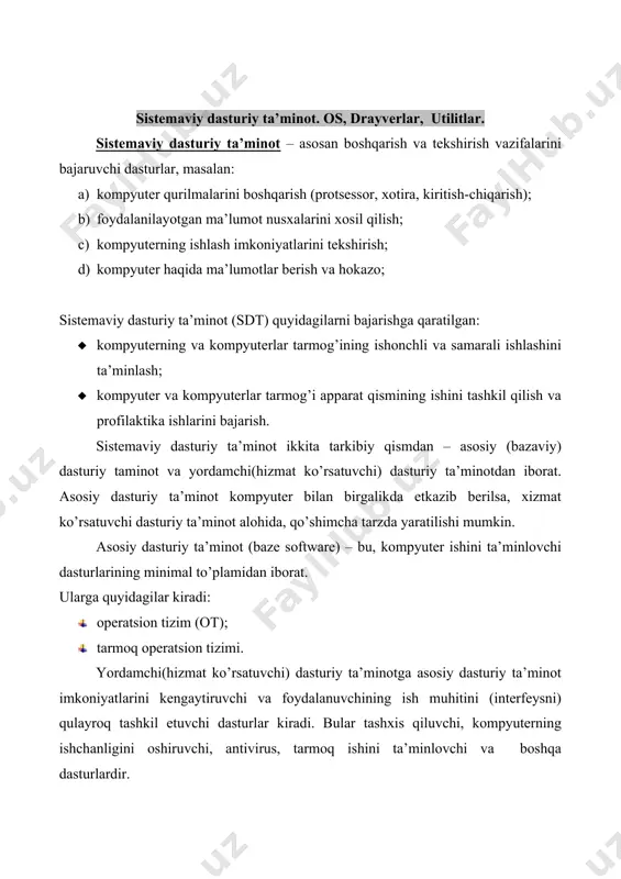 honchlilik. sistema o’zi boshqatayotgan kompyuter qurilmalari kabi ishonchli bo’lishi kerak. agar dasturda yoki qurilmada biror xatolik uchrasa, uni sistema topa olishi va bu holatni tuzatishga harakat qilishi, hech bo’lmasa shu xatolik tufayli foydalanuvchi dasturiga yetkaziladigan zararning oldini olishi kerak. 2. himoyalash. ixtiyoriy foydalanuvchi o’z ishiga boshqa foydalanuvchilarning ta’sir qilishini hohlamaydi. shu sababli sistema foydalanuvchilarni dastur va ma’lumotlarini o’zgalar hatoliklari ta’siridan hamda aralashuvidan himoya qilishi lozim. 3. samaradorlik. odatda operatsion sistemaning o’zi ehm ning katta resursini egallaydi. bu resurslar foydalanuvchi ixtiyoriga berilmaydi. demak sistemaning o’zi ancha ihcham bo’lishi va ehm ning resurslarini samarali boshqarishi lozim. 4. qulaylik. operatsion sistemada ko’p hollarda bir paytda ikki va undan ortiq foydalanuvchi ishlaydi. ular operatsion sistema orqali turli maqsadli va turli algoritmli masalalarni hal qiladilar. ravshanki, bunday holda har bir foydalanuvchiga keng qulayliklar yaratilishi talab etiladi. shu bois, mazkur hususiyat operatsion sistemaning muhim hususiyati hisoblanadi. 5. bashorat. operatsion sistema foydalanuvchi so’roviga bashoratchilik bilan javob berishi …