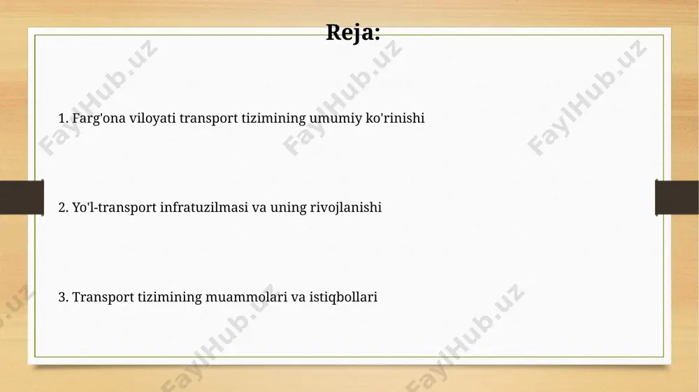 a avtomobil yo'llari uzunligi 30% ga, temir yo'l liniyalari uzunligi esa 15% ga oshgan. transportni rivojlantirish strategiyasi strategiya doirasida 5 ta yirik transport-logistika markazlarini qurish va mavjud aeroportlarning yo'lovchi va yuk tashish quvvatlarini 2 baravarga oshirish rejalashtirilgan. "transportni rivojlantirish strategiyasi" ekologik toza transport turlarining, jumladan elektr avtobuslar va tramvaylarning ulushini 2030-yilga kelib 15% ga yetkazishni maqsad qilgan. qishloq transporti qishloq transporti infrastrukturasiga 1000 km dan ortiq mahalliy ahamiyatga ega yo'llar kiradi, ulardan 40%i yomon holatda va ta'mir talab qiladi. qishloq transporti tizimi, asosan, 5000 dan ortiq qishloq xo'jalik korxonalariga xizmat ko'rsatadigan yengil avtomobillar va mikroavtobuslardan iborat bo'lib, yuk tashish hajmining 70% ni tashkil etadi. temir yoʻl transporti fargʻona vodiysidagi temir yoʻl tarmogʻi umumiy uzunligi 500 kilometrdan ortiq boʻlib, viloyatning asosiy shaharlarini oʻzaro bogʻlaydi va qoʻshni mamlakatlar bilan xalqaro aloqalarni ta'minlaydi. viloyatda temir yoʻl transporti sohasida 15000 dan ortiq kishi ishlaydi, ularning koʻpchiligi temir yoʻl transportining texnik xizmat koʻrsatish va boshqaruviga …