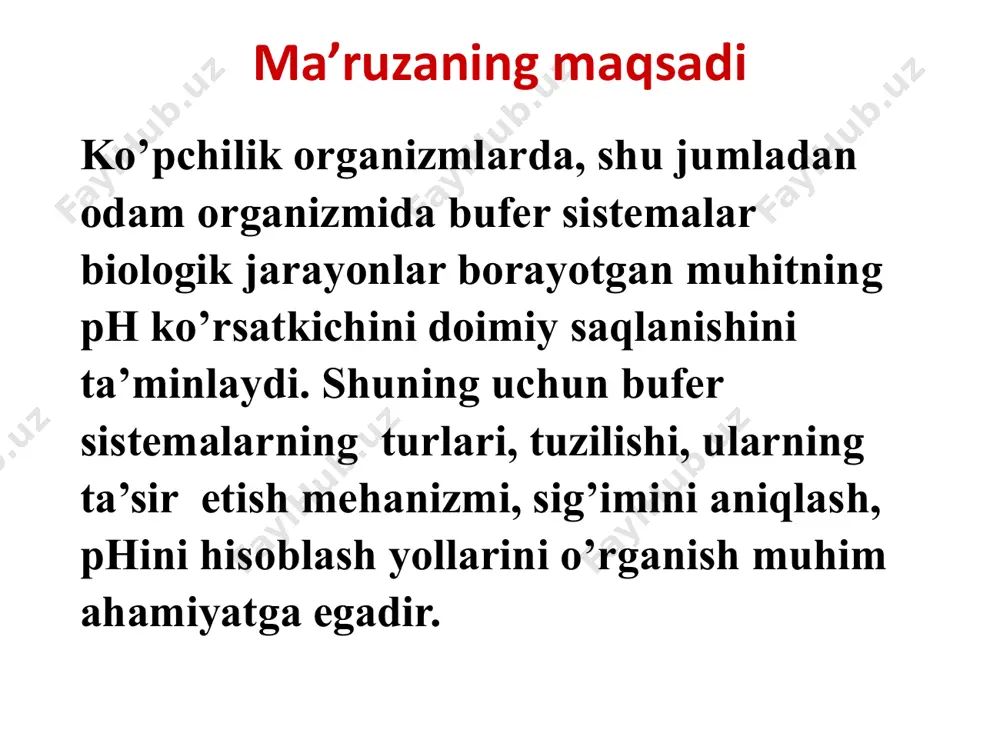 lan hosil qilgan tuzining aralashmasi. masalan: ch3cooh + ch3coona – atsetatli bufer eritma 2. kuchsiz asos va shu asosning kuchli kislota bilan hosil qilgan tuzining aralashmasi. masalan: nh4oh + nh4cl - ammiakli bufer eritma ko’riladigan bufer sistemalar • ch3cooh + ch3coona - atsetatli bufer sistema • nh4oh + nh4cl - ammiakli bufer sistema • h2co3 + nahco3 - gidrokarbonatli bufer sistema • nah2po4 + na2hpo4 - fosfatli bufer sistema • ptcooh + ptcoona - oqsilli bufer sistema • hhb + khb - gemoglobinli bufer sistema • hhbo2 + khbo2 - oksigemoglobinli bufer sistema kislotali bufer sistema uchun genderson-gasselbah tenglamasi ch3cooh ch3coo- + h+ ch3coona ch3coo- + na+ [h+][ch3coo-] kislota uchun: kdis.=------------------- yoki: [ch3cooh] [ch3cooh] [h+] = kdis.----------------- [ch3coo-] kislotali bufer sistema uchun genderson-gasselbah tenglamasi [ch3cooh] -lg [h+] = -lgkdis.- lg---------------- [ch3coo-] c tuz ph = pkk-ta + lg ----------- c k-ta asosli bufer sistema uchun genderson-gasselbah tenglamasi nh4oh nh4 + …