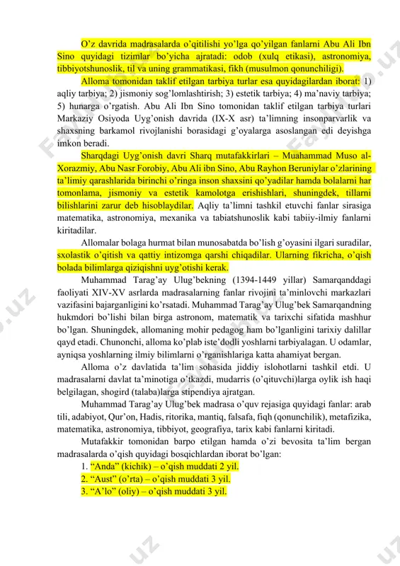 va boshqalar); 1. ta’lim darajasiga ko’ra (boshlang’ich, to’liqsiz o’rta, umumiy o’rta, o’rta maxsus, kasb-hunar, oliy ta’lim. ta’limning tarixiy xususiyatlari. ta’lim mazmuni tarixiy xususiyatga ega, chunki u jamiyat rivojining u yoki bu bosqichida ustuvor o’rin tutuvchi ijtimoiy maqsad va vazifalar bilan belgilanadi. bu ta’lim mazmunining ijtimoiy hayot, ishlab chiqarish va ilmiy bilimlarning rivojlanish darajasi talablari ta’siri ostida o’zgarib borishini anglatadi. ta’lim ijtimoiy hodisa sifatida odamlarning bilimlarni o’zlashtirishga bo’lgan pragmatik (amaliy) ehtiyojlari negizida shakllangan va u odamlarga hayot faoliyatlarini yo’lga qo’yish uchun zarur. bilimlarni to’plash va chuqurlashtirish, jamiyat madaniyatining o’sib borishi bilim tomonidan tashkil etiluvchi funksiyalari ko’lamini oshishini ta’minlaydi. mazkur yondashuvlar (pragmatik va madaniy) kishilik jamiyatining turli bosqichlarida ta’lim mazmuni yo’nalishlarni belgilab keladi. o’rta asrda yaqin va o’rta sharqda diniy o’quv muassasalari – madrasalar ta’lim va fan markazlari bo’lgan. o’zbekistonlik, rossiyalik va chet el sharqshunos tadqiqotchilari tomonidan madrasa turidagi o’quv muassasalari aynan markaziy osiyoda yuzaga kelgani va shu yerdan boshqa mamlakatlarga tarqalgani …