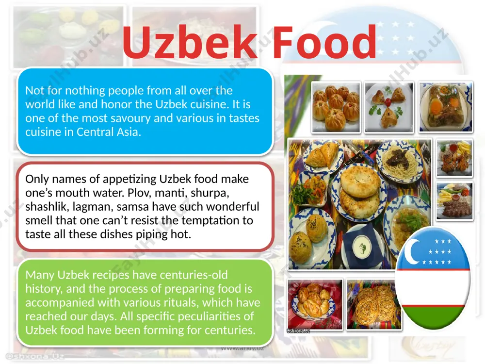 arious ingredients and even there are some cook books dedicated only to this dish. in various regions of uzbekistan, people have their own recipes of uzbek plov preparation. for instance, bukharan people prepare plov with green gram. samarkand plov is light, fergana plov is brown on the contrary. in samarkand people put meat, carrot, rice in layers and steam it. in tashkent plov all ingredients are roasted at the beginning. commonly uzbek plov is cooked with rice, fresh mutton or beef, yellow or red carrot, onions and vegetable oil. traditionally, uzbek plov is prepared in a deep cast-iron pot (kazan), which is uniformly warmed and a dish is not burnt. uzbek cuisine shurpa www.arxiv.uz among the liquid dishes, various kinds of shurpa and mastava take an important place in uzbek national cuisine. the basis of these dishes is the bouillon of fatty meat. shurpa and mastava are prepared from fresh …