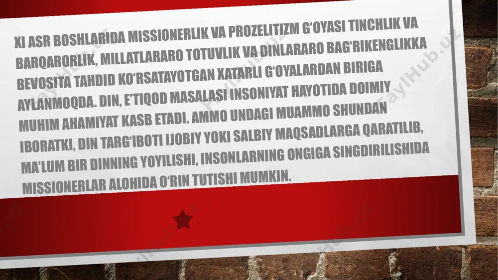 lashdir. u o‘z mohiyatiga ko‘ra missionerlikning tarkibiy qismi hisoblanadi. bularning bari yurt tinchligini buzish, inson halovatini yo‘qotishga qaratilgan g‘arazli maqsadlardir. samarqand davlat arxitektura-qurilish instituti akademik litseyida “biz radikalizm, missionerlik va prozelitizmga qarshimiz” mavzusidagi tadbirda shular xususida so‘z yuritildi. unda samarqand shahridagi “domla kamoliddin” jome masjidi imom-xatibi i.abdusalomov, samarqand davlat arxitektura-qurilish instituti katta o‘qituvchisi a.ziyatova, “samarqand kitob olami” ma’naviy-ma’rifiy majmuasi direktori x.nurillayevlar yoshlarga missionerlik va prozelitizmning salbiy oqibatlari haqida so‘zlab berdilar. image3.jpg /docprops/thumbnail.jpeg