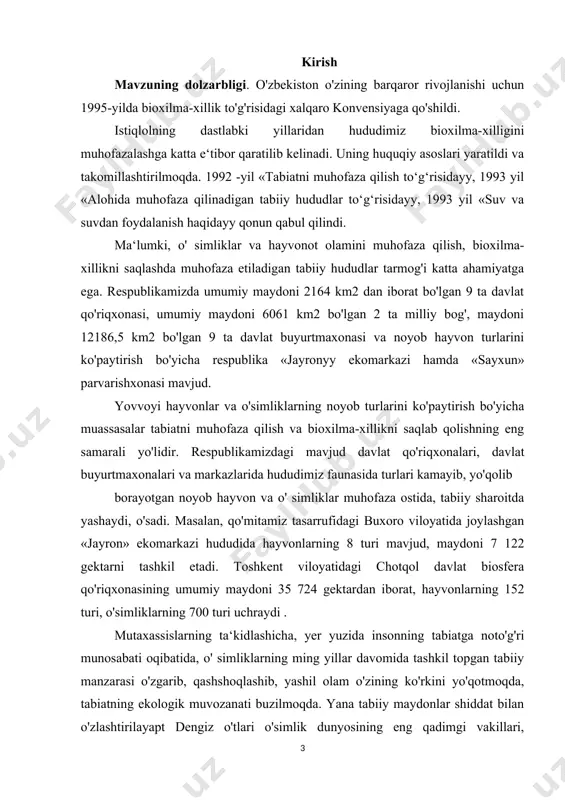 y ekomarkazi hamda «sayxun» parvarishxonasi mavjud. yovvoyi hayvonlar va o'simliklarning noyob turlarini ko'paytirish bo'yicha muassasalar tabiatni muhofaza qilish va bioxilma-xillikni saqlab qolishning eng samarali yo'lidir. respublikamizdagi mavjud davlat qo'riqxonalari, davlat buyurtmaxonalari va markazlarida hududimiz faunasida turlari kamayib, yo'qolib borayotgan noyob hayvon va o' simliklar muhofaza ostida, tabiiy sharoitda yashaydi, o'sadi. masalan, qo'mitamiz tasarrufidagi buxoro viloyatida joylashgan «jayron» ekomarkazi hududida hayvonlarning 8 turi mavjud, maydoni 7 122 gektarni tashkil etadi. toshkent viloyatidagi chotqol davlat biosfera qo'riqxonasining umumiy maydoni 35 724 gektardan iborat, hayvonlarning 152 turi, o'simliklarning 700 turi uchraydi . mutaxassislarning ta‘kidlashicha, yer yuzida insonning tabiatga noto'g'ri munosabati oqibatida, o' simliklarning ming yillar davomida tashkil topgan tabiiy manzarasi o'zgarib, qashshoqlashib, yashil olam o'zining ko'rkini yo'qotmoqda, tabiatning ekologik muvozanati buzilmoqda. yana tabiiy maydonlar shiddat bilan o'zlashtirilayapt dengiz o'tlari o'simlik dunyosining eng qadimgi vakillari, paleozoy erasida quruqlikka kelgan o'simliklarning ajdodlari. sayyoramizdagi o'simliklarning asosiy qismi suv ostida to'plangan. 1 kvadrat metrga ishoniladi. km okeanda …