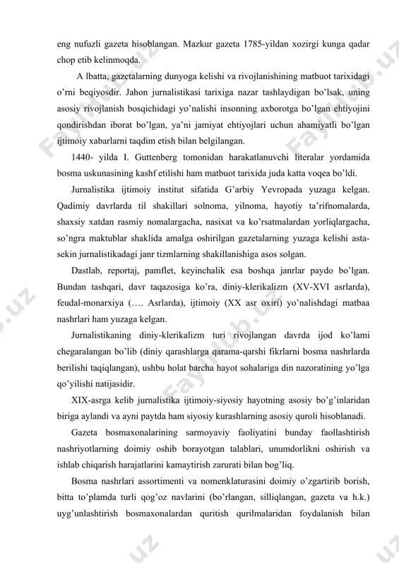 ayni paytda ham siyosiy kurashlarning asosiy quroli hisoblanadi. gazeta bosmaxonalarining sarmoyaviy faoliyatini bunday faollashtirish nashriyotlarning doimiy oshib borayotgan talablari, unumdorlikni oshirish va ishlab chiqarish harajatlarini kamaytirish zarurati bilan bog’liq. bosma nashrlari assortimenti va nomenklaturasini doimiy o’zgartirib borish, bitta to’plamda turli qog’oz navlarini (bo’rlangan, silliqlangan, gazeta va h.k.) uyg’unlashtirish bosmaxonalardan quritish qurilmalaridan foydalanish bilan bog’liq bo’lgan gibrid texnologiyalarni qo’llashni talab qildi. bosma uskunalari parkini zamonaviylashtirishning bu ko’rinishi keng tarqaldi. horijiy qurilmalardan yangi turdagi uskunalar ham muvaffaqiyatli qo’llanilmoqda. bozorning o’zgarib borayotgan talablariga muvofiq gazeta bosmaxonalarining rivojlanishi va takomillashuvi hududlarda ko’p bo’yoqli bosmani rivojlantirish yo’nalishida olib borilmoqda. gazeta mahsulotlari aksariyat hollarda universal bo’lib, o’quvchilarning keng doirasiga mo’ljallangan reklama va axborot-ko’ngilochar ma’lumotlarning uyg’unligidan iborat. aholining millat bo’yicha miqdoriy tarkibini hisobga olgan holda rus va o’zbek tillarida chop etilmoqda. ko’pchilik gazetalar asosiy mahalliy va xalqaro yangiliklar blokidan tashqari reklama, teleko’rsatuvlar dasturi, xususiy e’lonlar, latifalar, psixologik testlar, foydali maslahatlar, boshqotirmalar, munajjimlar bashorati, krossvordlar, tabriknomalar va boshqa …