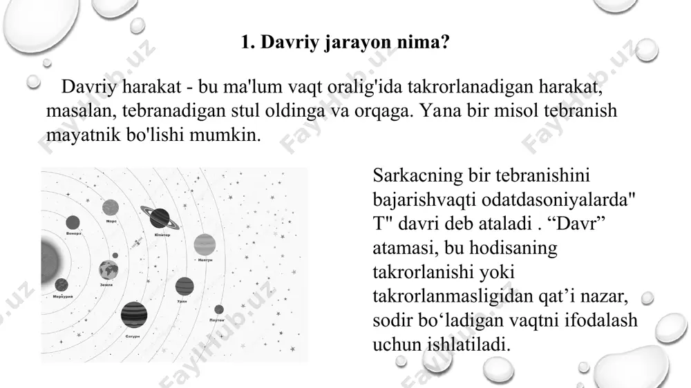 alishi bo'yicha va radius bo'ylab harakat qiladi. • f – markazlashtiruvchi kuch nyutonda. • m - jismning kg dagi massasi. • v - jismning m/s dagi tezligi. • r -orbitasiningradiusi. ob'ektning burchak o'rnini o'zgartirish tezligi burchak tezligi (ō). agar ob'ekt harakatlanayotgan bo'lsa, 3-rasmda ko'rsatilganidek, adumaloq harakatradiusi r bo'lgan, bir aylanish davri t ga teng bo'lsa, uning burchak tezligini quyidagi formula yordamida aniqlashimiz mumkin: bu yerda f - gertsdagi chastota. jismning tezligi (v) va uning burchak tezligi o'rtasidagi bog'liqlik quyidagicha ifodalanishi mumkin: 4. oddiy garmonik harakat. oddiy garmonik harakat - bu guk qonuni yordamida tushuntirilishi mumkin bo'lgan tizimga berilgan nom. bu narsaning siljishi yoki deformatsiya kattaligi yuk yoki yukga to'g'ridan-to'g'ri proportsional ekanligini bildiradi kuch unga nisbatan qo'llaniladi. ushbu qonunga bo'ysunadigan har qanday tizim oddiy garmonik osilatör deb nomlanadi . guk qonuni shuni ko'rsatadikikuchprujinani cho'zish yoki siqish uchun zarur bo'lgan masofa prujinaning cho'zilishi yoki siqib chiqarilishi kerak bo'lgan masofaga to'g'ridan-to'g'ri proportsionaldir. agar …